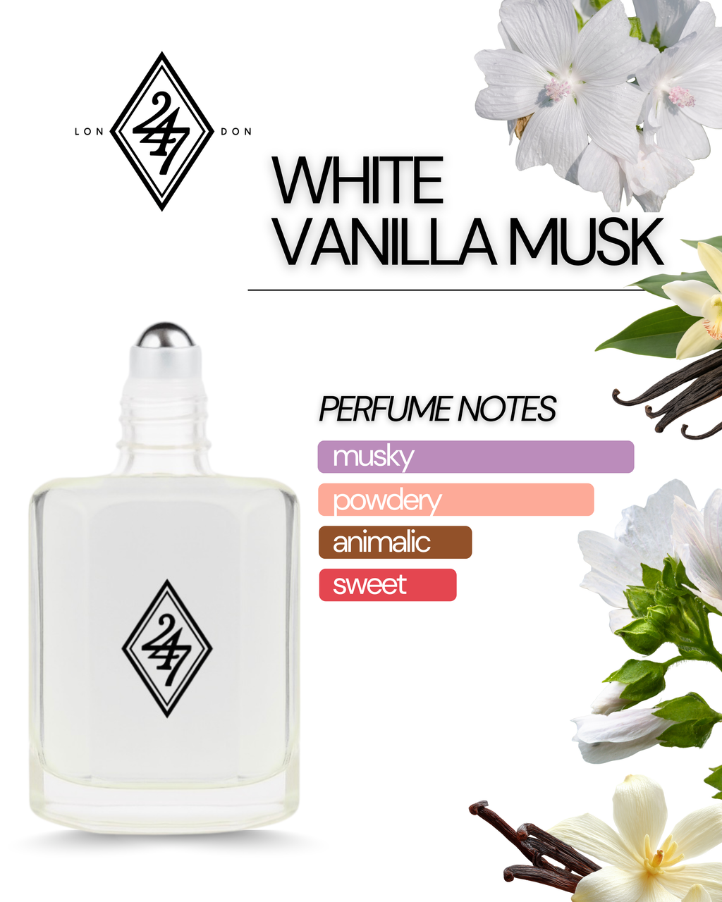 White Vanilla Musk Perfume Oil – alcohol-free, long-lasting fragrance with creamy vanilla & soft musk. Elegant, unisex, and skin-friendly.