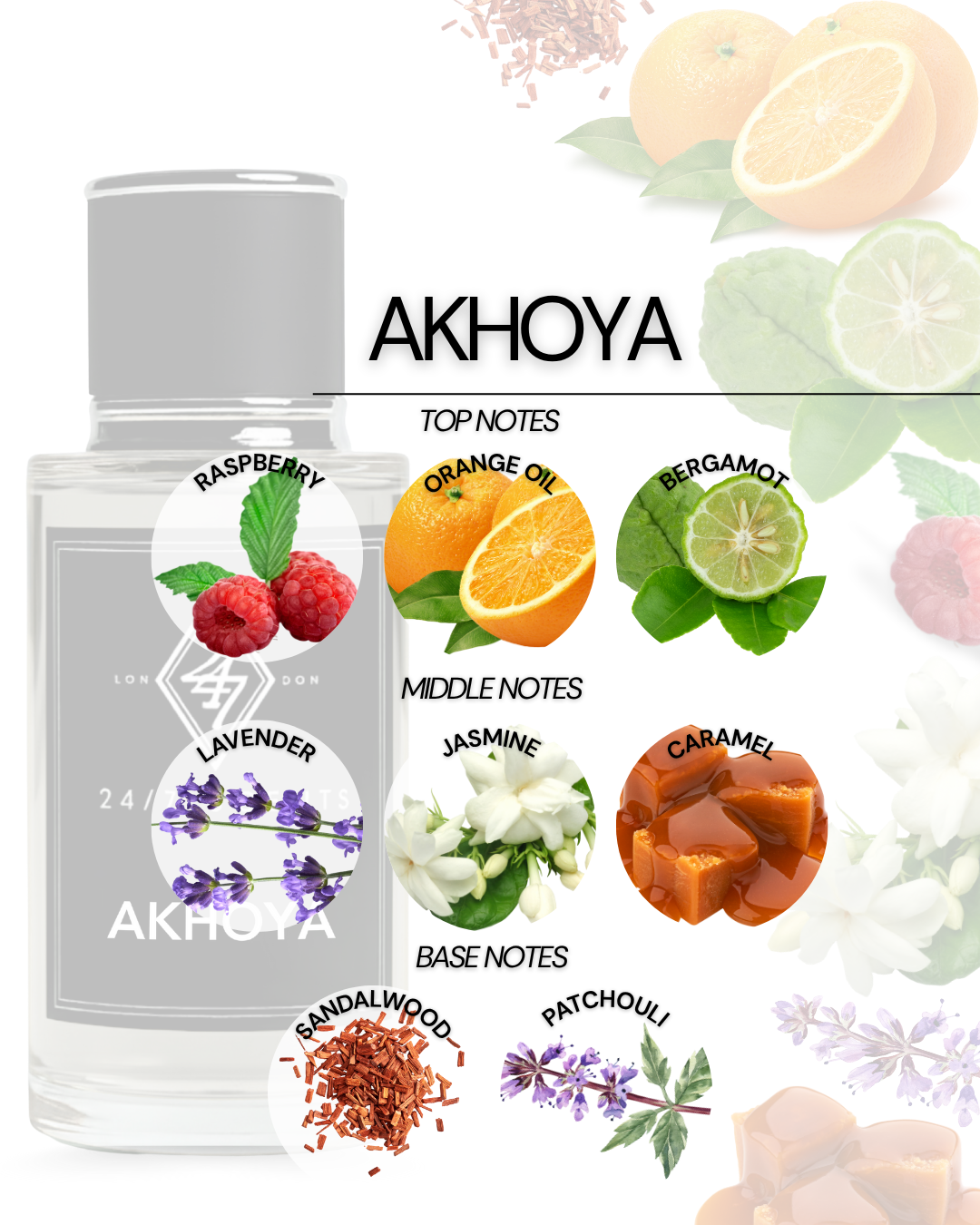 Akhoya Eau de Parfum 50ml – A unisex fragrance with raspberry, orange oil & bergamot, a floral heart of lavender, jasmine & caramel, and a warm base of sandalwood & patchouli. Sweet, elegant & long-lasting.