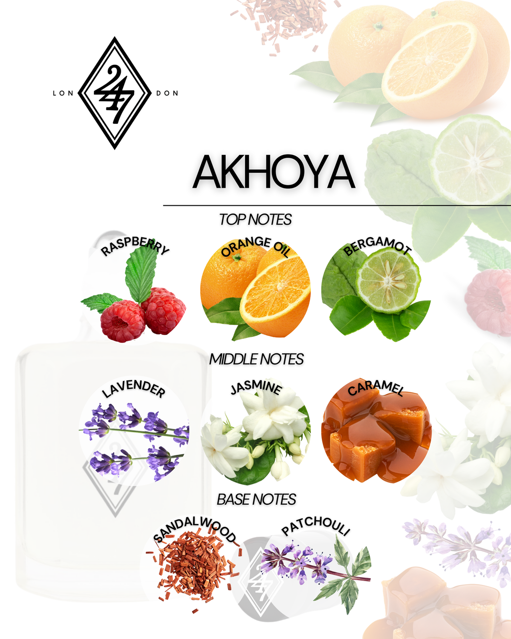 Akhoya Perfume Oil – Alcohol-free fragrance oil with raspberry, orange oil &amp; bergamot, a floral heart of lavender, jasmine &amp; caramel, and a warm base of sandalwood &amp; patchouli. Available in 3ml, 6ml, 12ml &amp; 24ml.