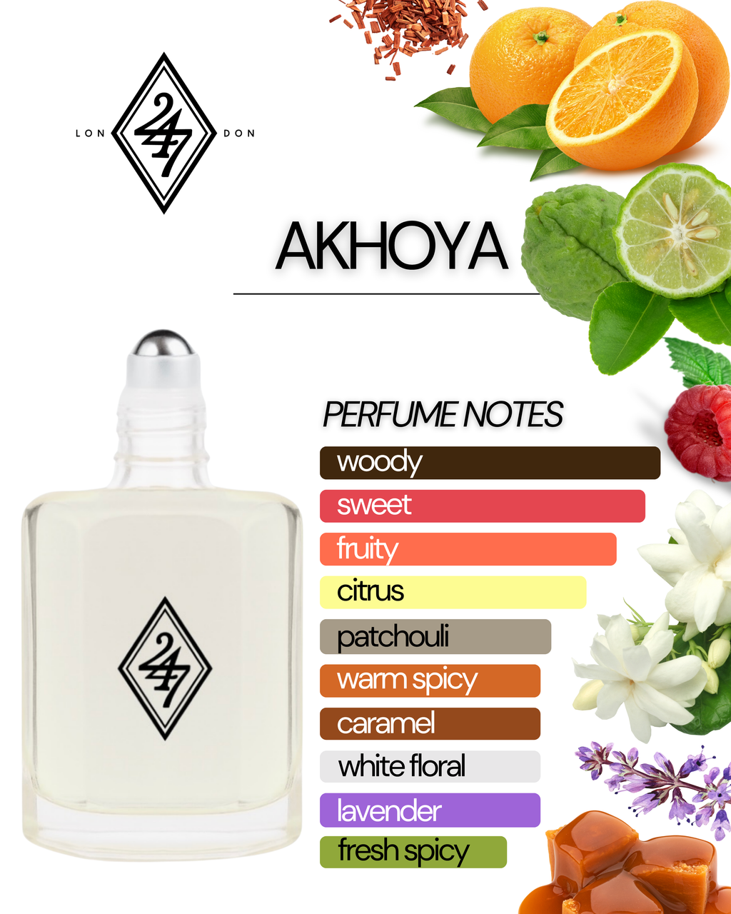 Akhoya Perfume Oil – Alcohol-free fragrance oil with raspberry, orange oil &amp; bergamot, a floral heart of lavender, jasmine &amp; caramel, and a warm base of sandalwood &amp; patchouli. Available in 3ml, 6ml, 12ml &amp; 24ml.
