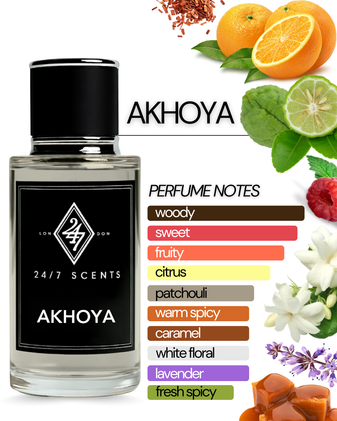 Akhoya Eau de Parfum 50ml – A unisex fragrance with raspberry, orange oil & bergamot, a floral heart of lavender, jasmine & caramel, and a warm base of sandalwood & patchouli. Sweet, elegant & long-lasting.