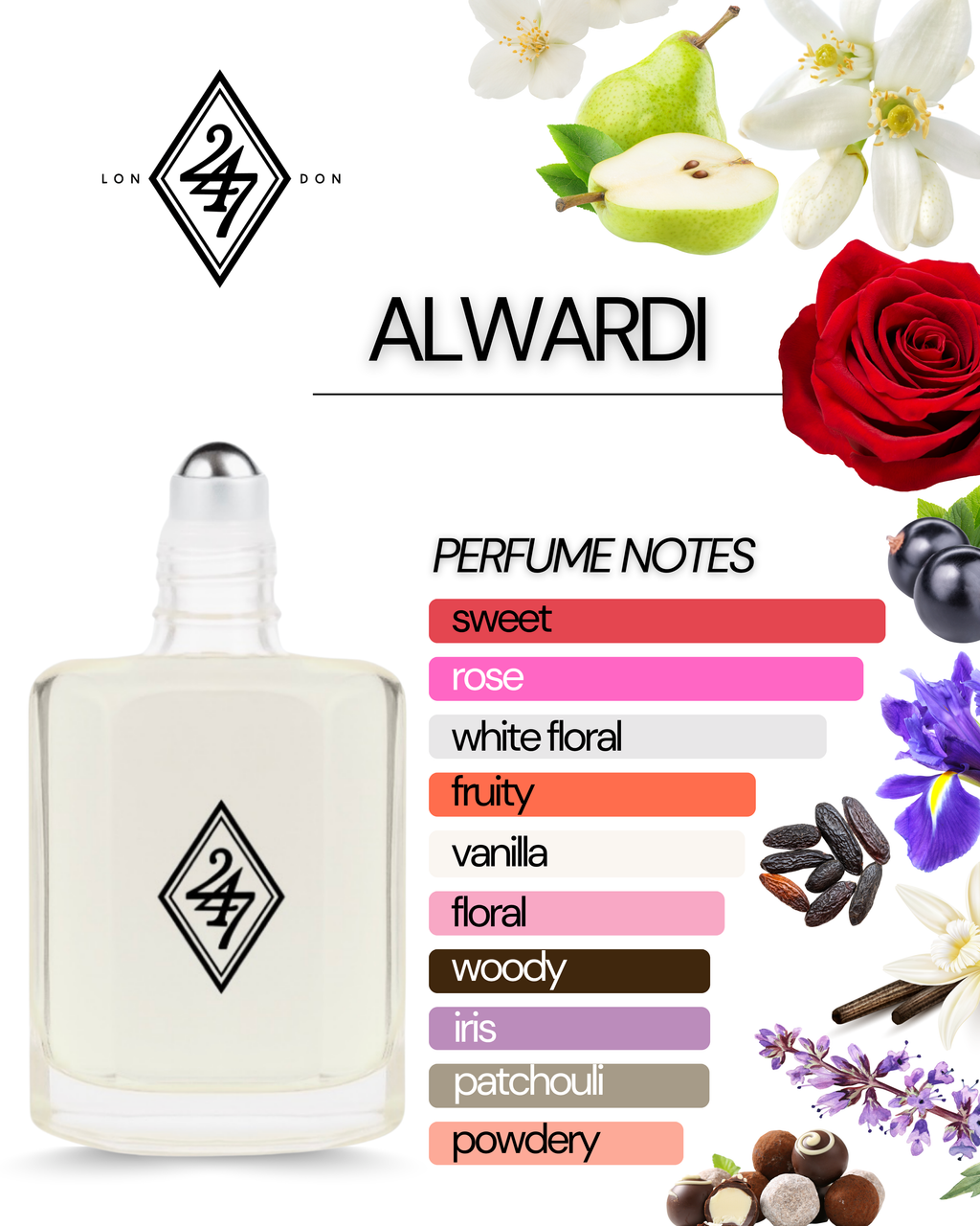 Alwardi Perfume Oil – Alcohol-free, long-lasting fragrance oil with rose, orange blossom, pear & blackcurrant top notes, a floral-gourmand heart of iris, praline & jasmine, and a warm vanilla, tonka bean & patchouli base. Available in 3ml, 6ml, 12ml & 24ml sizes.