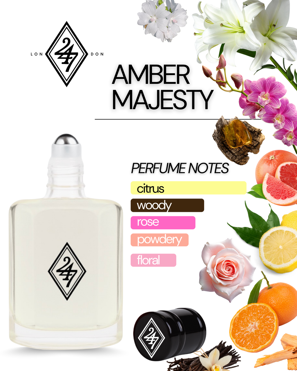 Amber Majesty Perfume Oil – Alcohol-free, long-lasting fragrance oil with grapefruit, mandarin & lemon, a floral heart of rose, lily & orchid, and a warm amberwood, vanilla, sandalwood & white musk base. Available in 3ml, 6ml, 12ml & 24ml.