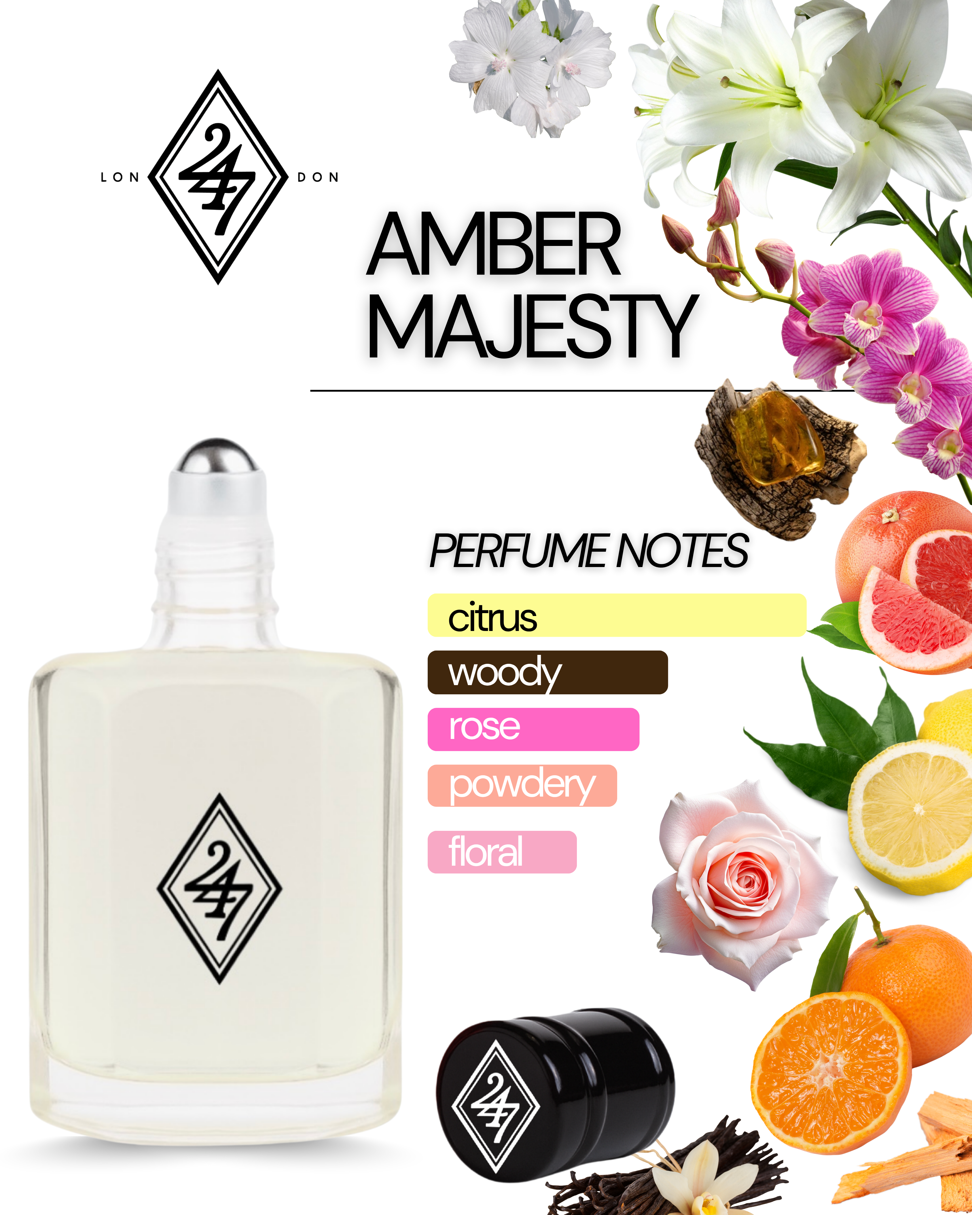 Amber Majesty Perfume Oil – Alcohol-free, long-lasting fragrance oil with grapefruit, mandarin & lemon, a floral heart of rose, lily & orchid, and a warm amberwood, vanilla, sandalwood & white musk base. Available in 3ml, 6ml, 12ml & 24ml.