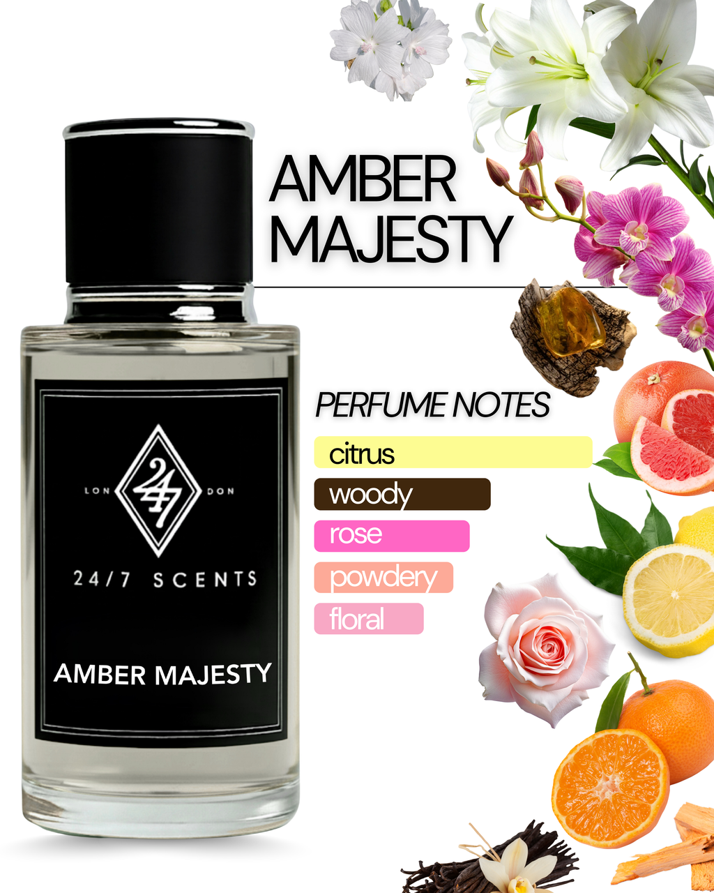 Amber Majesty Eau de Parfum 50ml – A unisex fragrance with citrus top notes of grapefruit, mandarin & lemon, floral rose, lily & orchid heart, and a warm amberwood, vanilla, sandalwood & white musk base. Elegant & long-lasting.