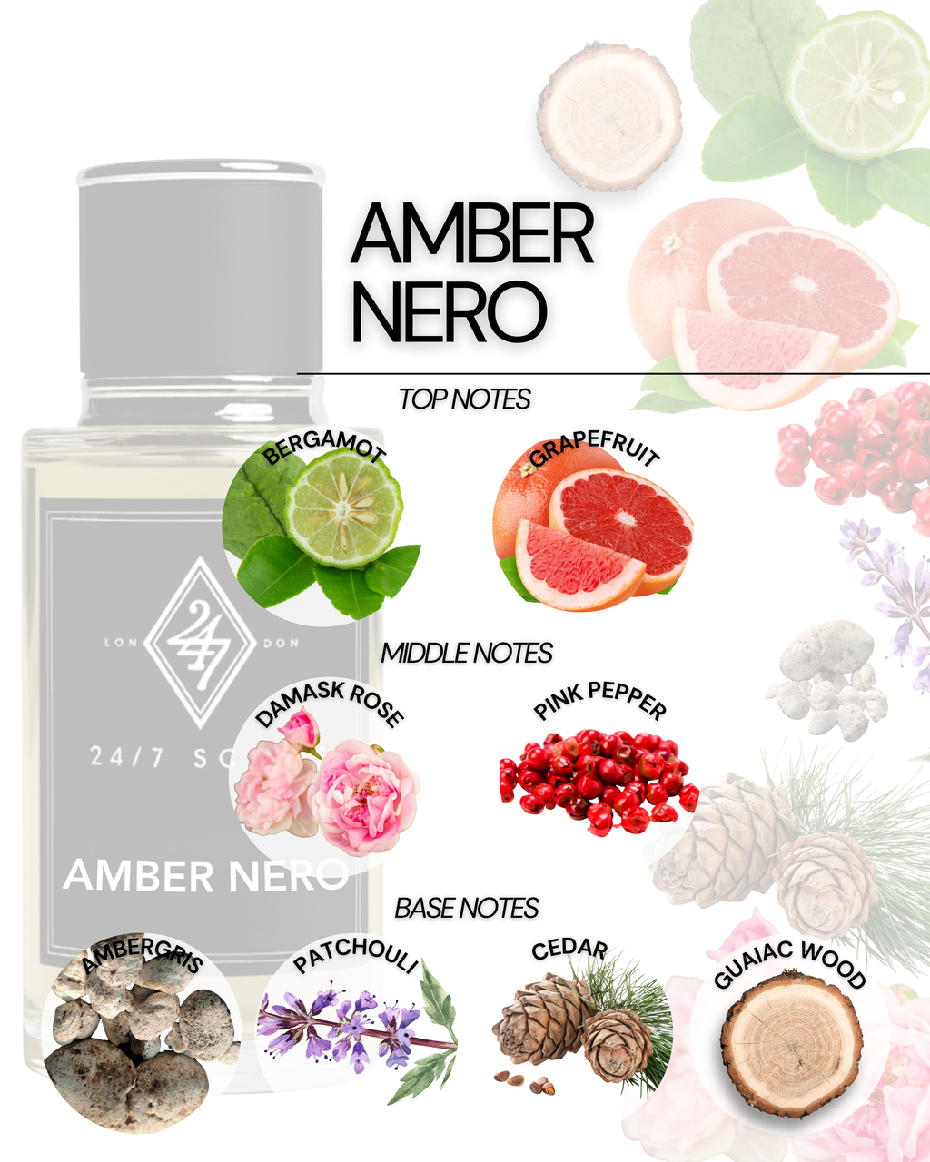 Amber Nero Eau de Parfum (50ml). A refined amber fragrance with florals, musk & spice. Elegant, sensual & long-lasting.