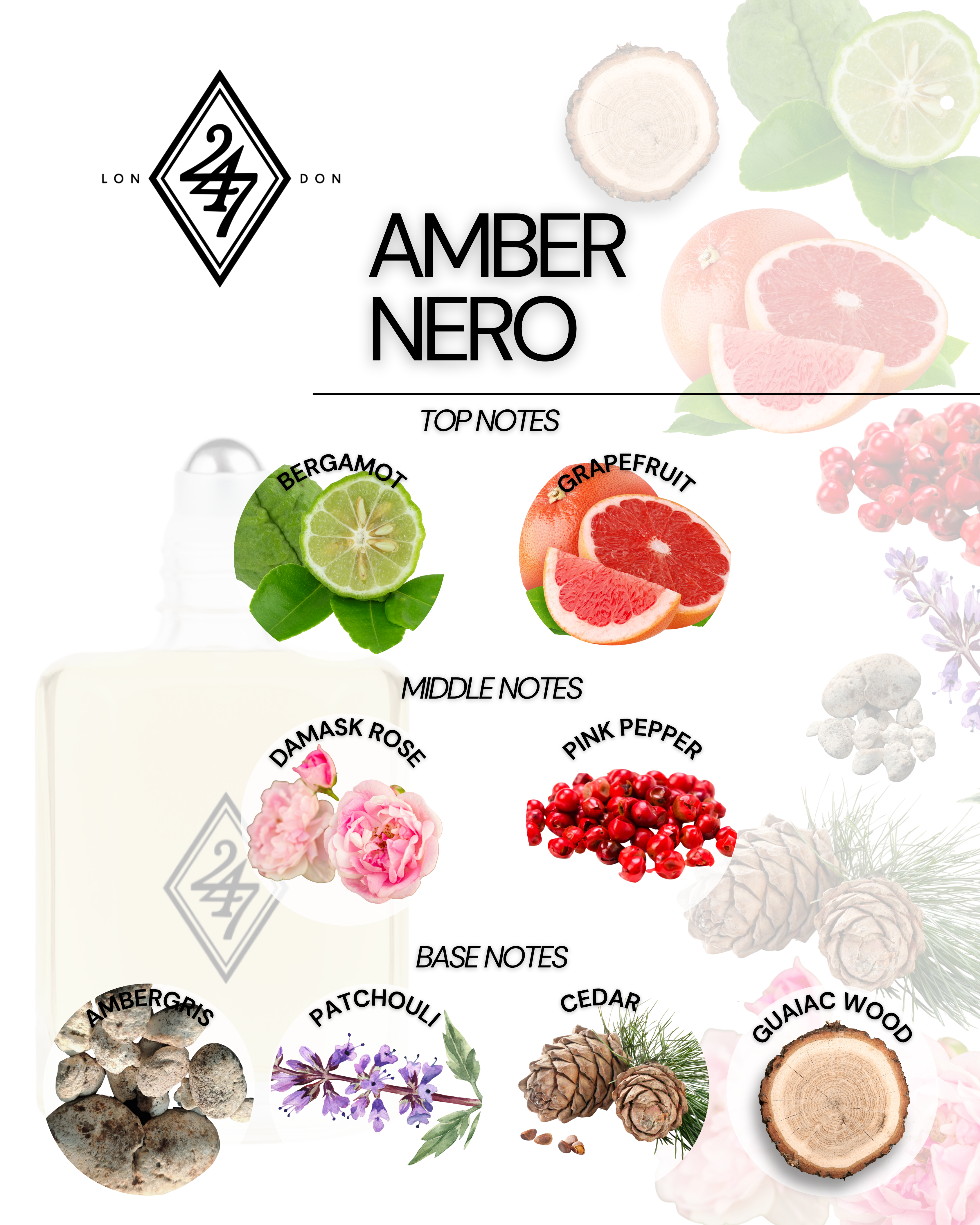 Amber Nero Fragrance Oil – Available in 3ml, 6ml, 12ml & 24ml. A refined amber oil with florals, musk & spice. Elegant, sensual & long-lasting.