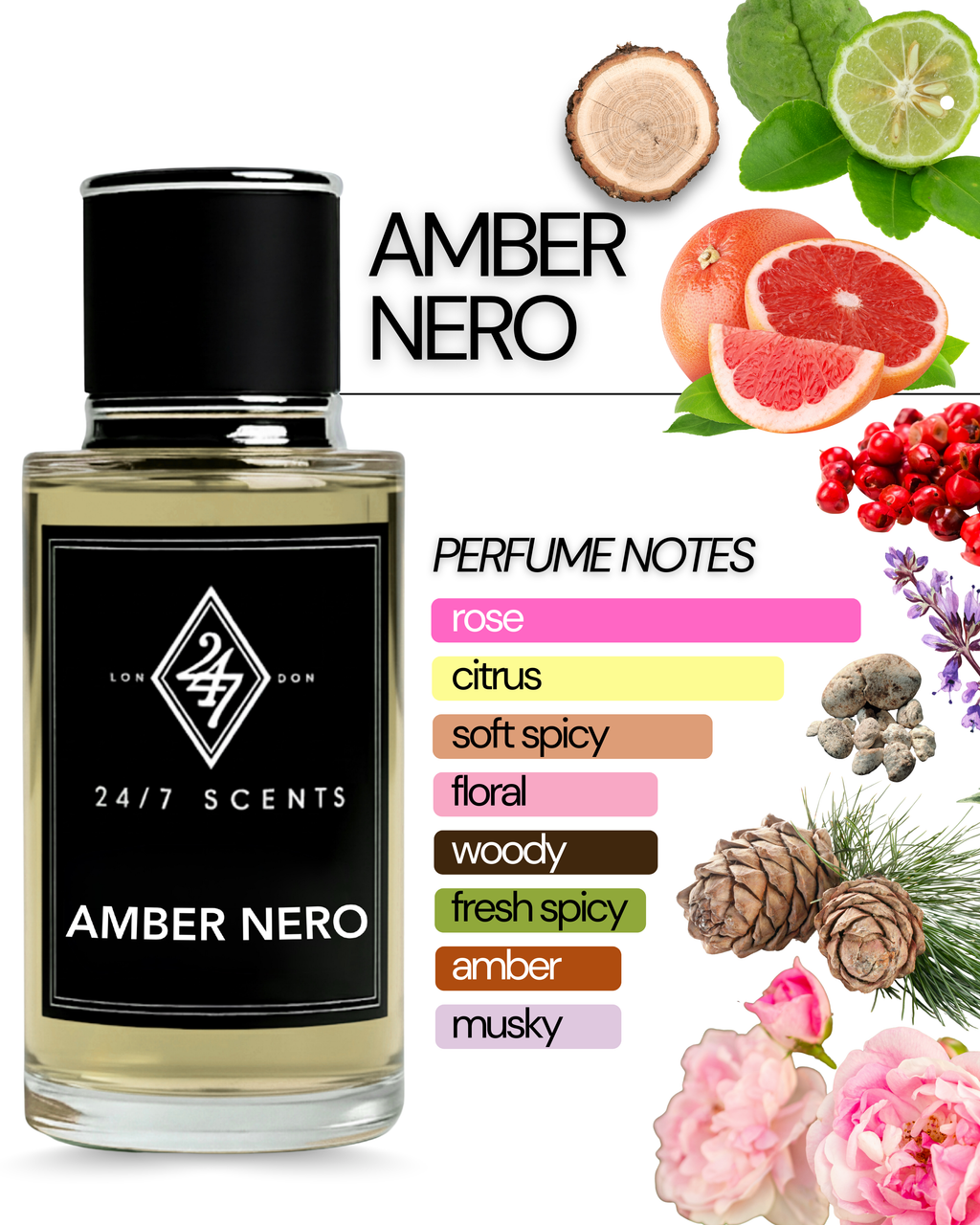 Amber Nero Eau de Parfum (50ml). A refined amber fragrance with florals, musk & spice. Elegant, sensual & long-lasting.