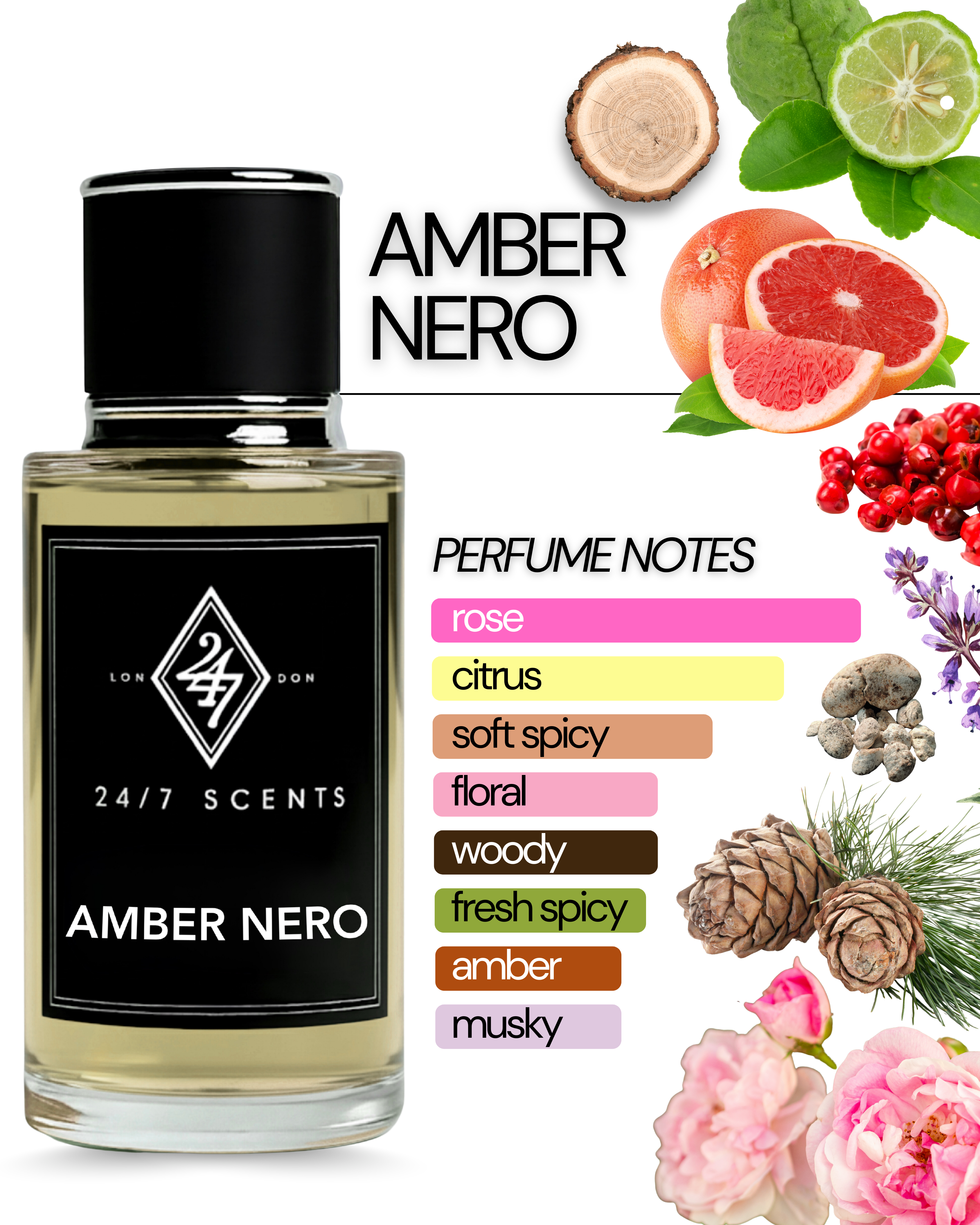 Amber Nero Eau de Parfum (50ml). A refined amber fragrance with florals, musk & spice. Elegant, sensual & long-lasting.