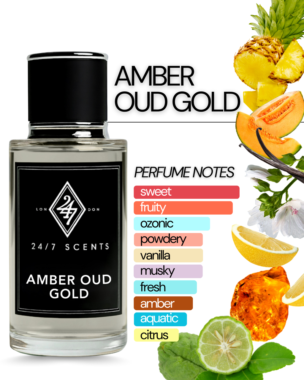 Amber Oud Gold Eau de Parfum (50ml). A fresh, fruity, and warm fragrance with bergamot, amber, pineapple, and vanilla. Elegant and long-lasting.