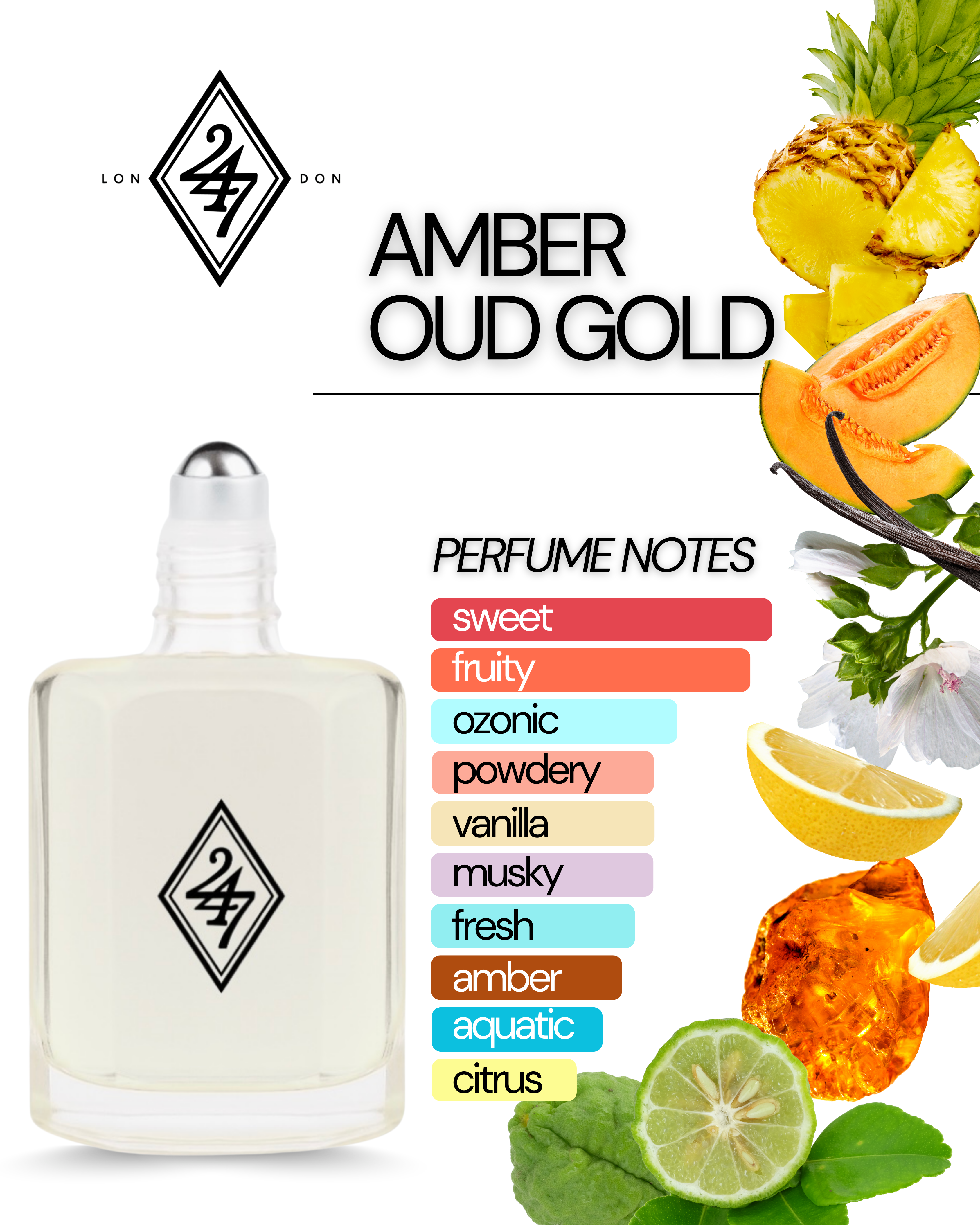 Amber Oud Gold fragrance oil is a fresh, fruity, and warm amber blend with bergamot, melon, pineapple, and vanilla. Alcohol-free, long-lasting, and available in 3ml–24ml sizes.