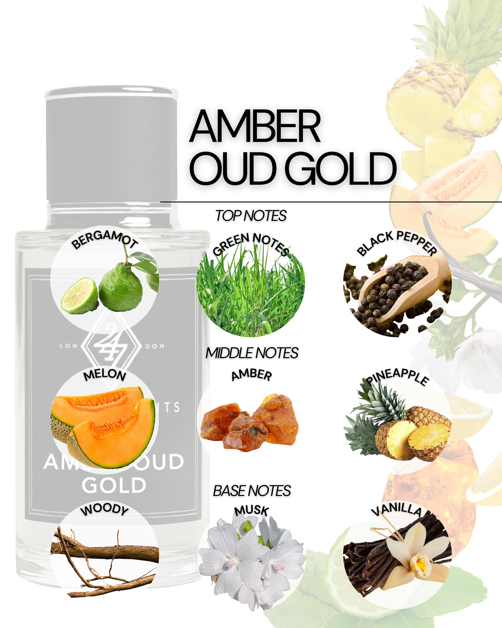 Amber Oud Gold Eau de Parfum (50ml). A fresh, fruity, and warm fragrance with bergamot, amber, pineapple, and vanilla. Elegant and long-lasting.