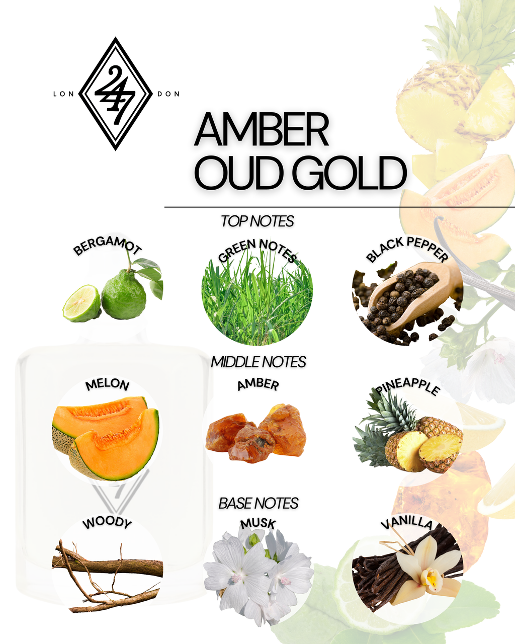 Amber Oud Gold fragrance oil is a fresh, fruity, and warm amber blend with bergamot, melon, pineapple, and vanilla. Alcohol-free, long-lasting, and available in 3ml–24ml sizes.
