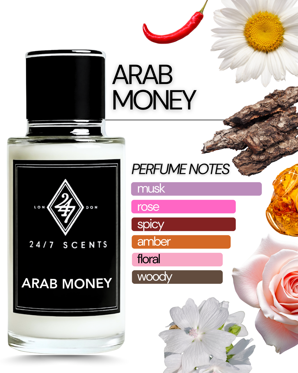 Arab Money Perfume Oil – unisex fragrance with aldehyde, spices, rose, musk & amber. Alcohol-free, long-lasting, and luxurious.