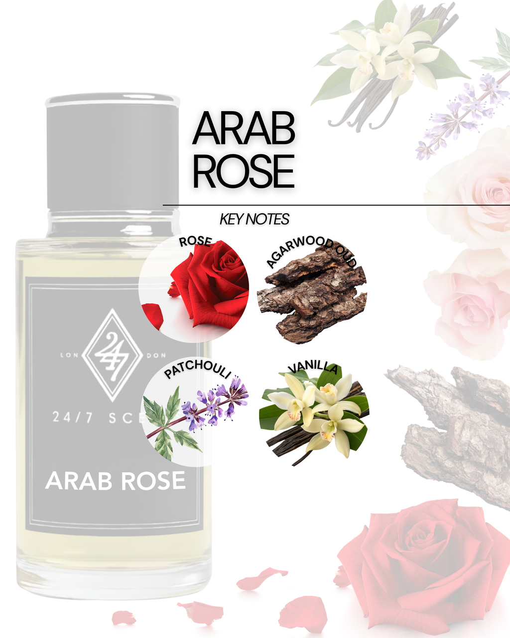 Arab Rose – a luxury fragrance with rose, oud, vanilla, and patchouli. A bold, elegant, and long-lasting scent for evening wear and special occasions.