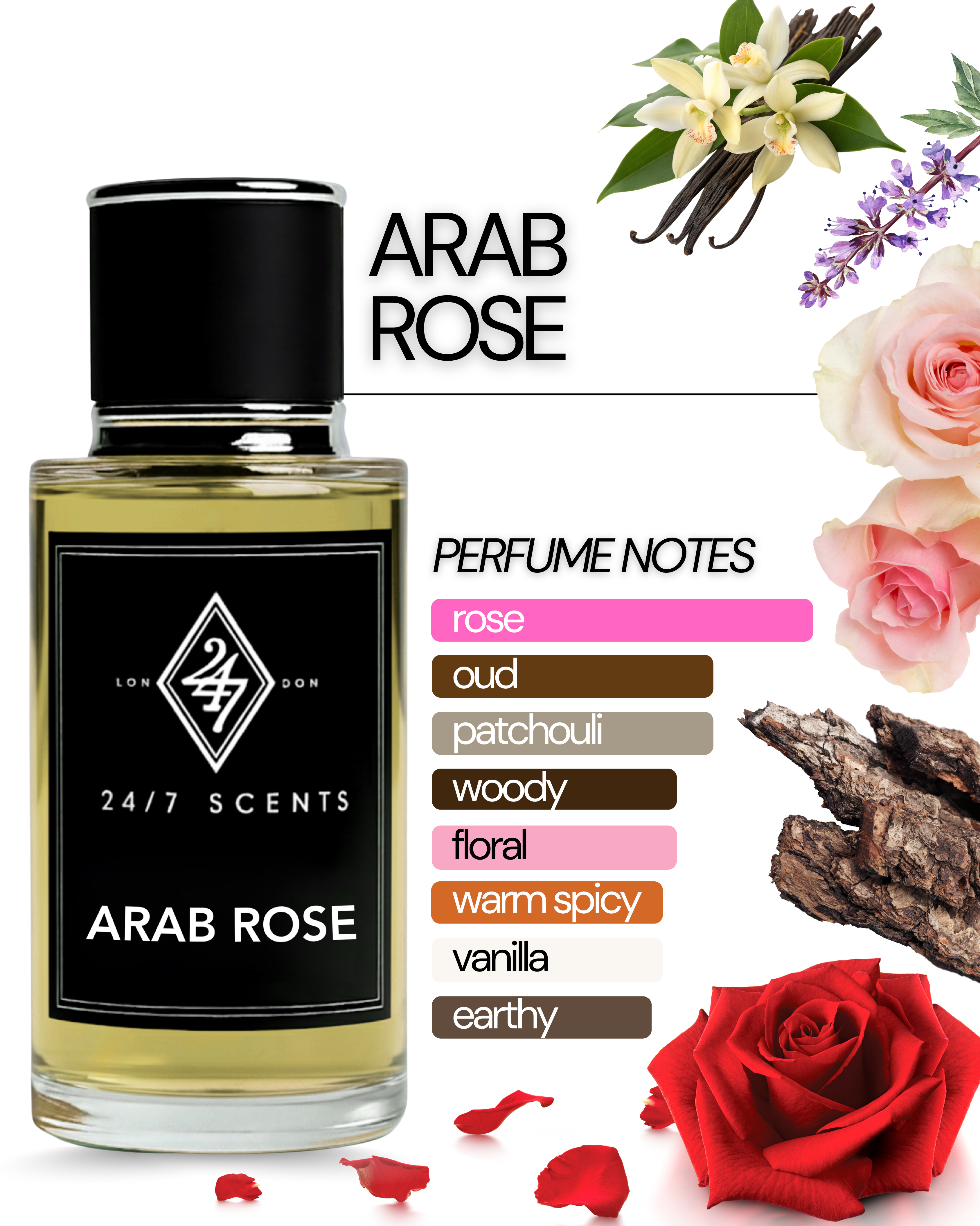 Arab Rose – a luxury fragrance with rose, oud, vanilla, and patchouli. A bold, elegant, and long-lasting scent for evening wear and special occasions.