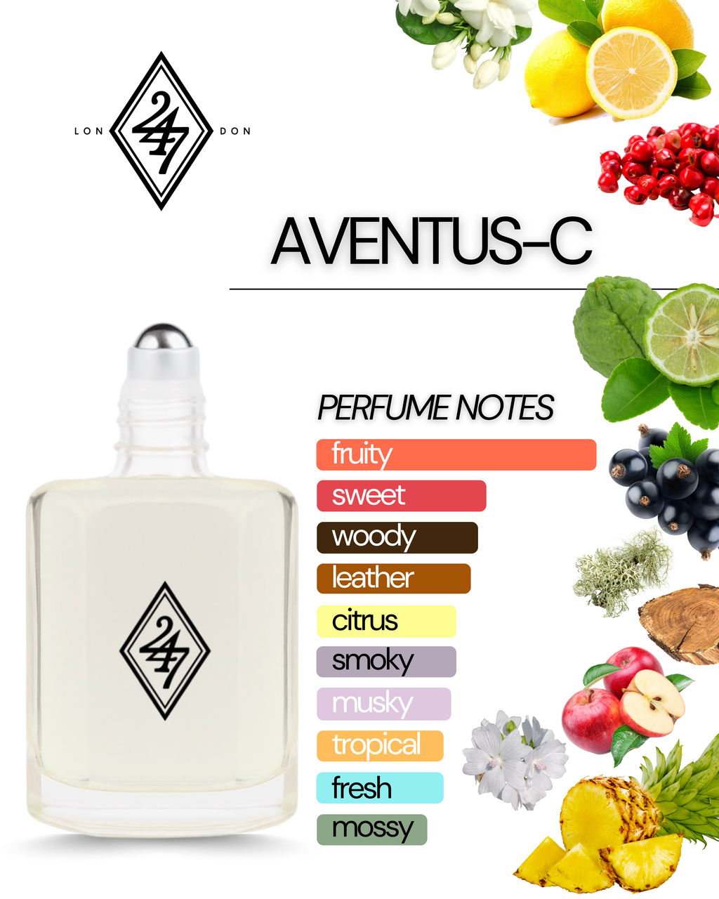 Aventus-C Perfume Oil – long-lasting fruity-smoky fragrance with citrus, pineapple, jasmine & oak moss. Alcohol-free, unisex, available in 3ml, 6ml, 12ml, 24ml.