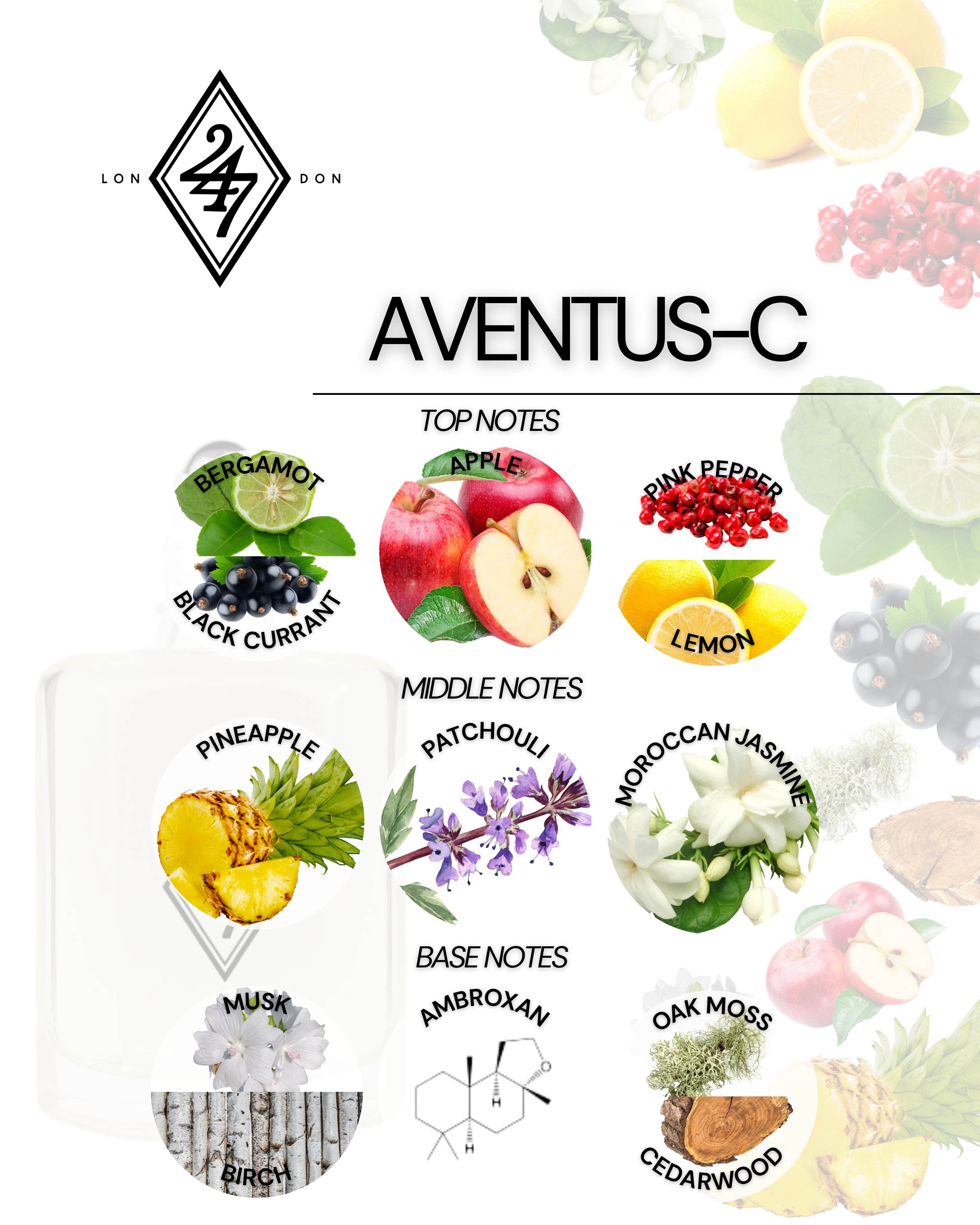 Aventus-C Perfume Oil – long-lasting fruity-smoky fragrance with citrus, pineapple, jasmine & oak moss. Alcohol-free, unisex, available in 3ml, 6ml, 12ml, 24ml.
