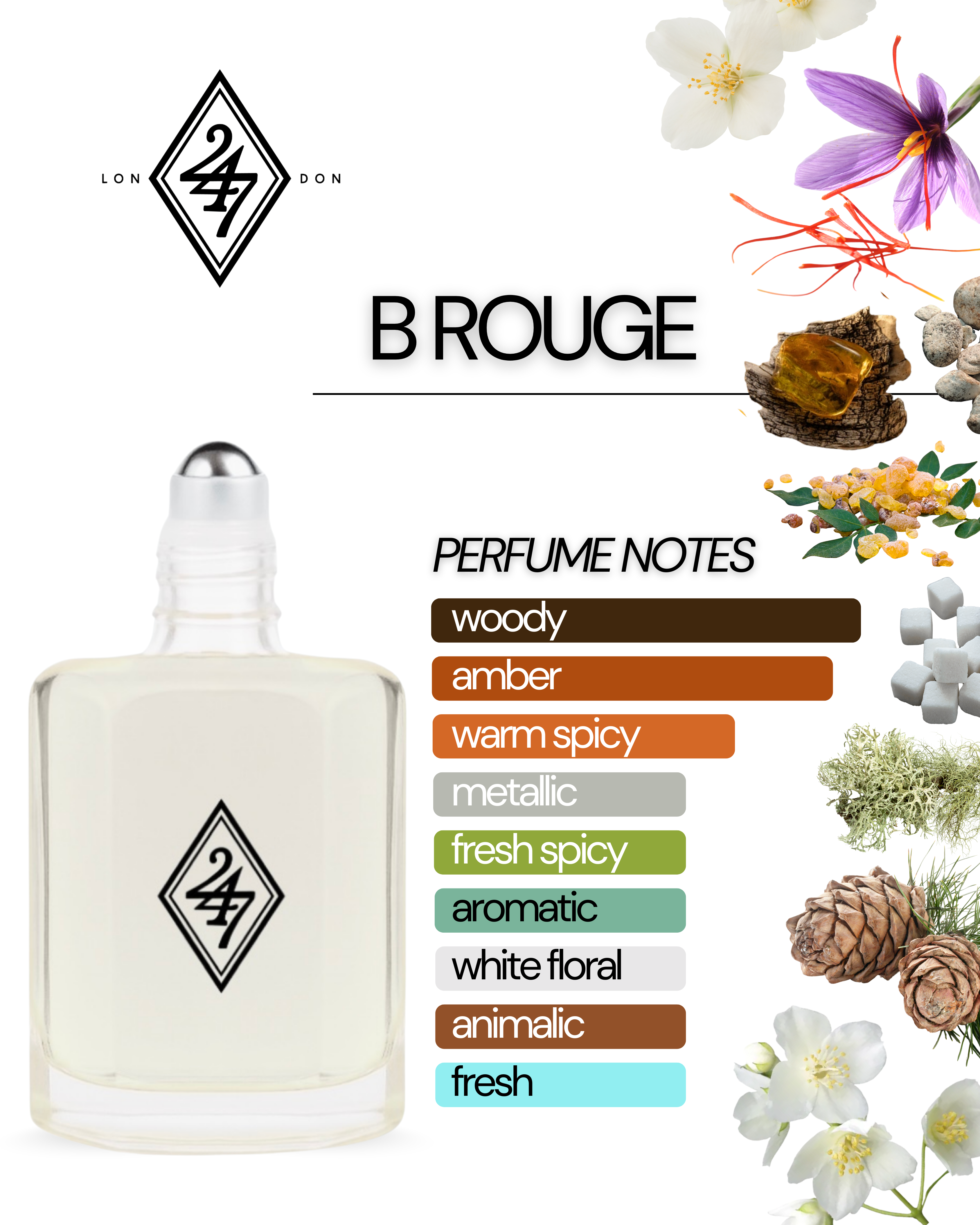 B Rouge Fragrance Oil – Available in 3ml, 6ml, 12ml & 24ml. A luxurious blend of saffron, jasmine, amberwood & ambroxan. Bold, refined & long-lasting.