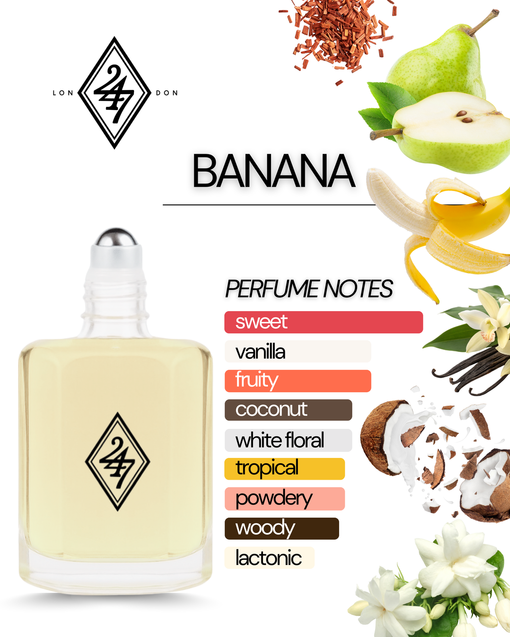 Banana Fragrance Oil – Available in 3ml, 6ml, 12ml & 24ml. A tropical blend of banana, coconut, jasmine & vanilla. Sweet, playful & long-lasting.