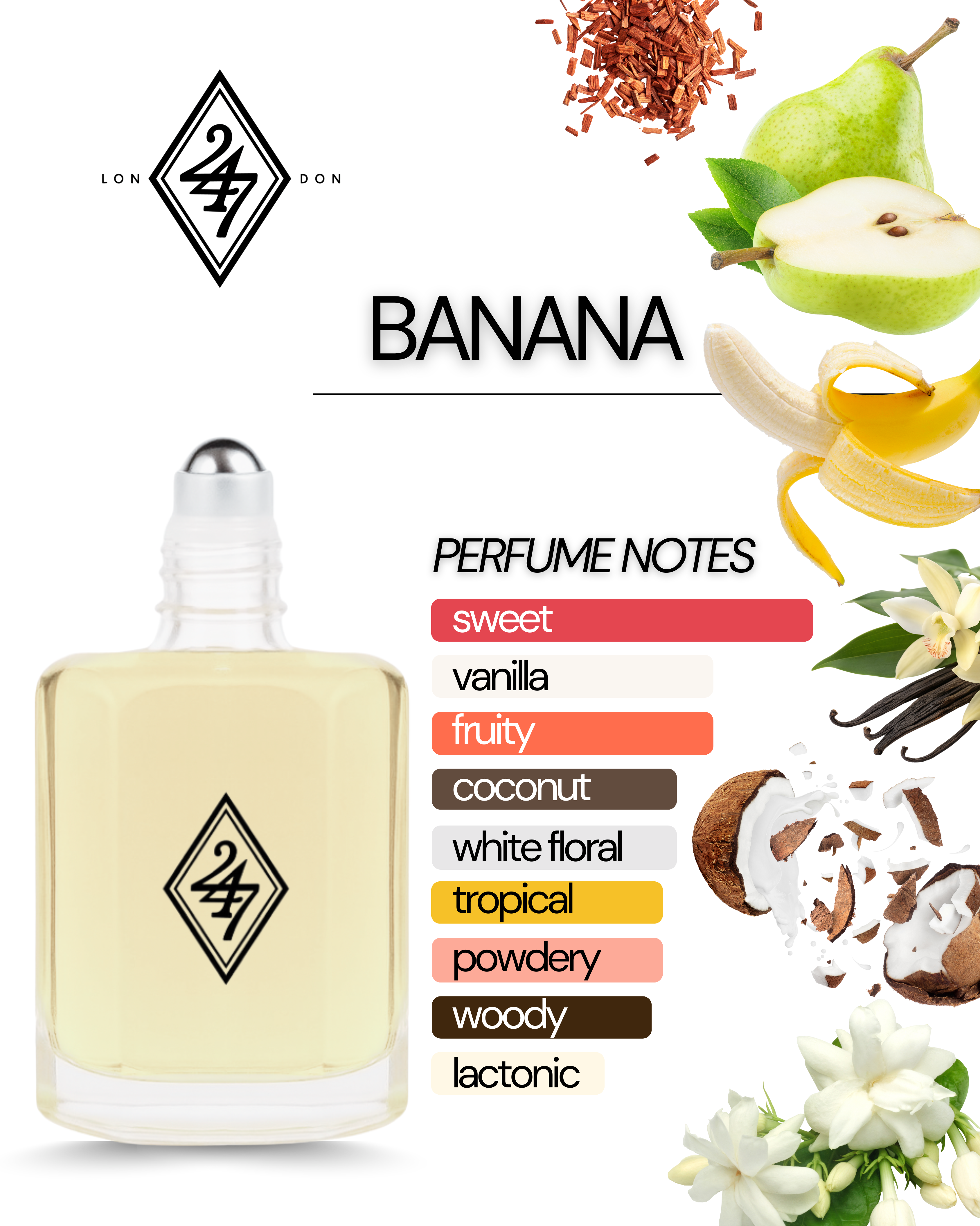 Banana Fragrance Oil – Available in 3ml, 6ml, 12ml & 24ml. A tropical blend of banana, coconut, jasmine & vanilla. Sweet, playful & long-lasting.
