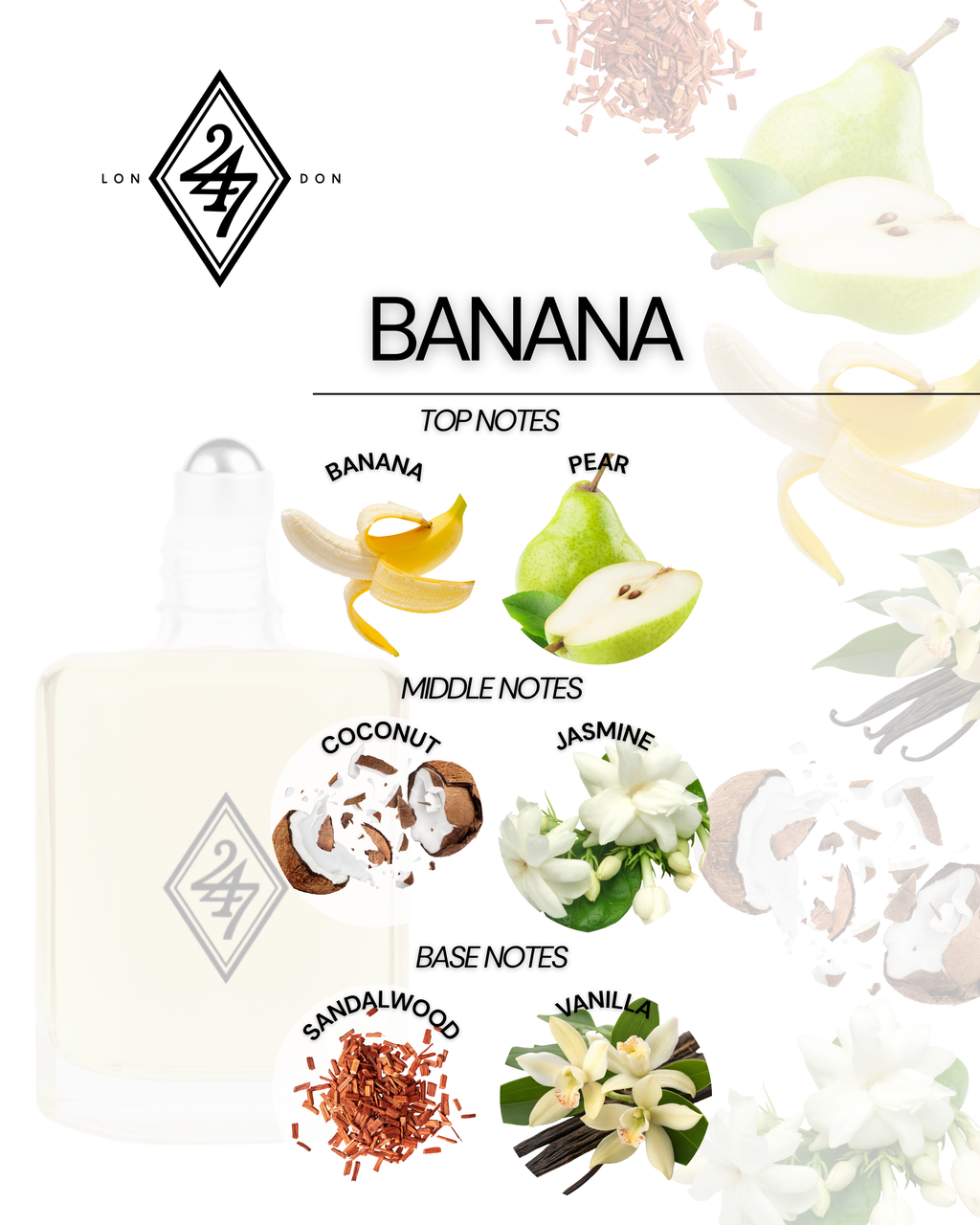Banana Fragrance Oil – Available in 3ml, 6ml, 12ml & 24ml. A tropical blend of banana, coconut, jasmine & vanilla. Sweet, playful & long-lasting.