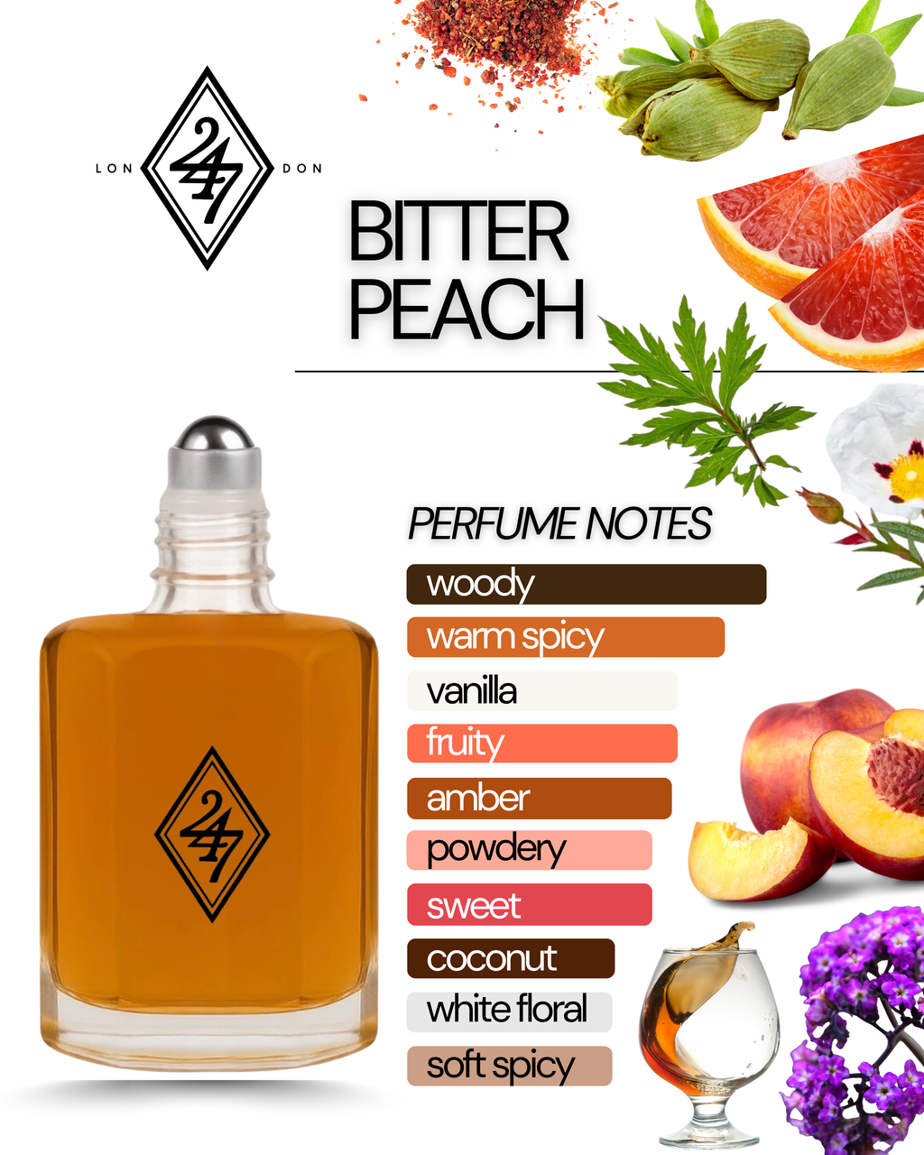 Bitter Peach Fragrance Oil – Available in 3ml, 6ml, 12ml & 24ml. A bold fruity-spicy blend with peach, jasmine & patchouli. Luxurious & long-lasting.
