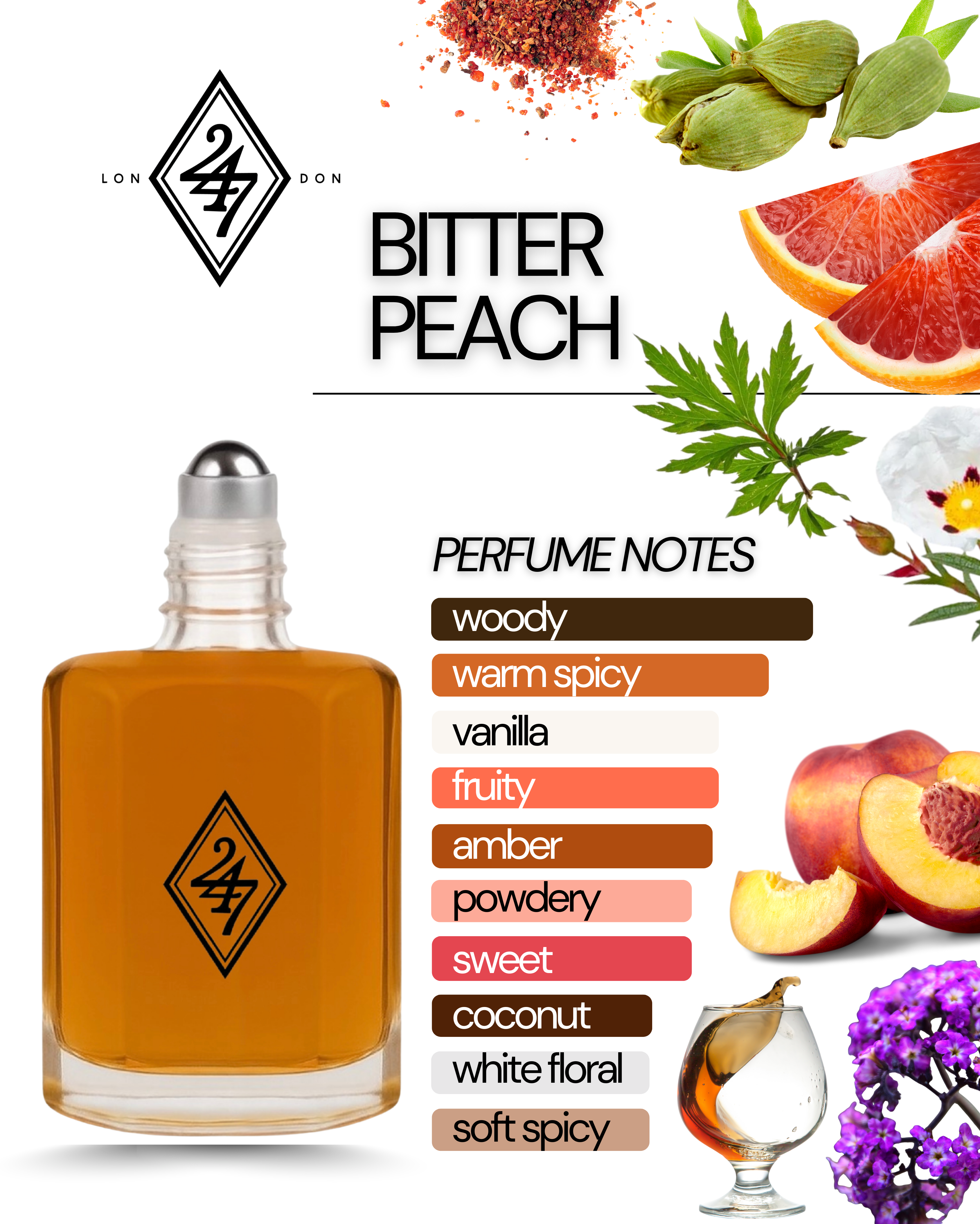 Bitter Peach Fragrance Oil – Available in 3ml, 6ml, 12ml & 24ml. A bold fruity-spicy blend with peach, jasmine & patchouli. Luxurious & long-lasting.