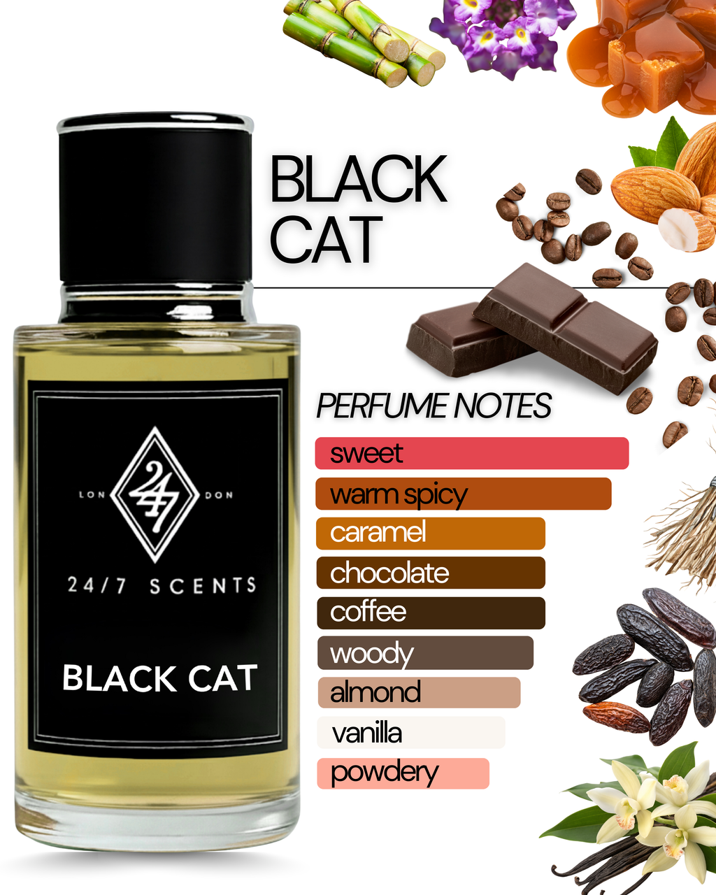 Black Cat 50ml Perfume – a seductive gourmand fragrance with coffee, caramel, vetiver & dark chocolate. Long-lasting, unisex & luxurious.