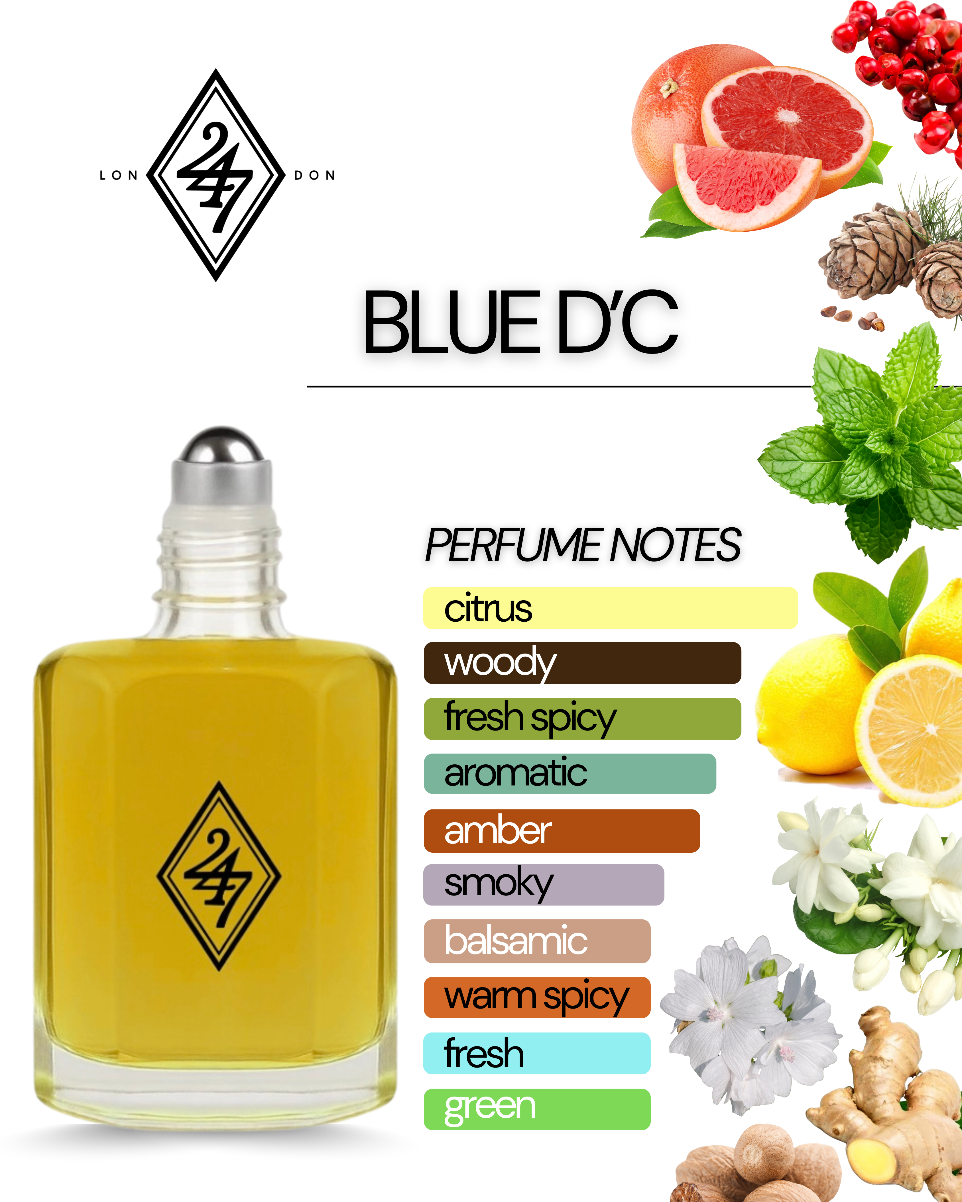 Blue D'C Fragrance Oil – Available in 3ml, 6ml, 12ml & 24ml. A bold blend of citrus, spice & woods. Confident, versatile & long-lasting.