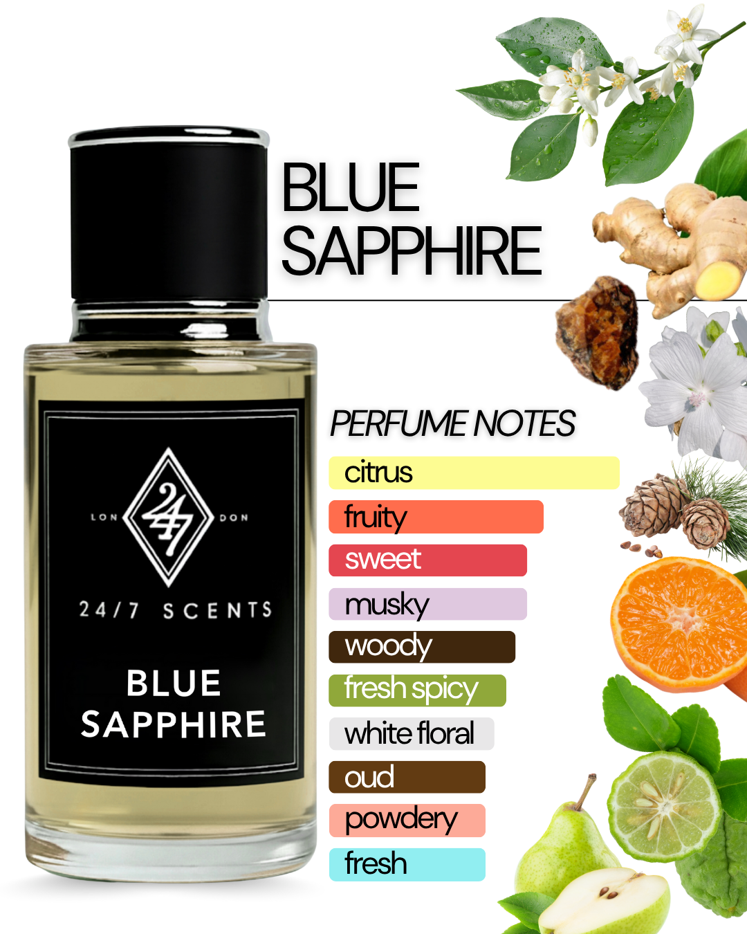 Blue Sapphire 50ml Perfume Spray – a fresh, elegant fragrance with pear, bergamot, orange blossom & musk. Unisex, long-lasting, and refined.