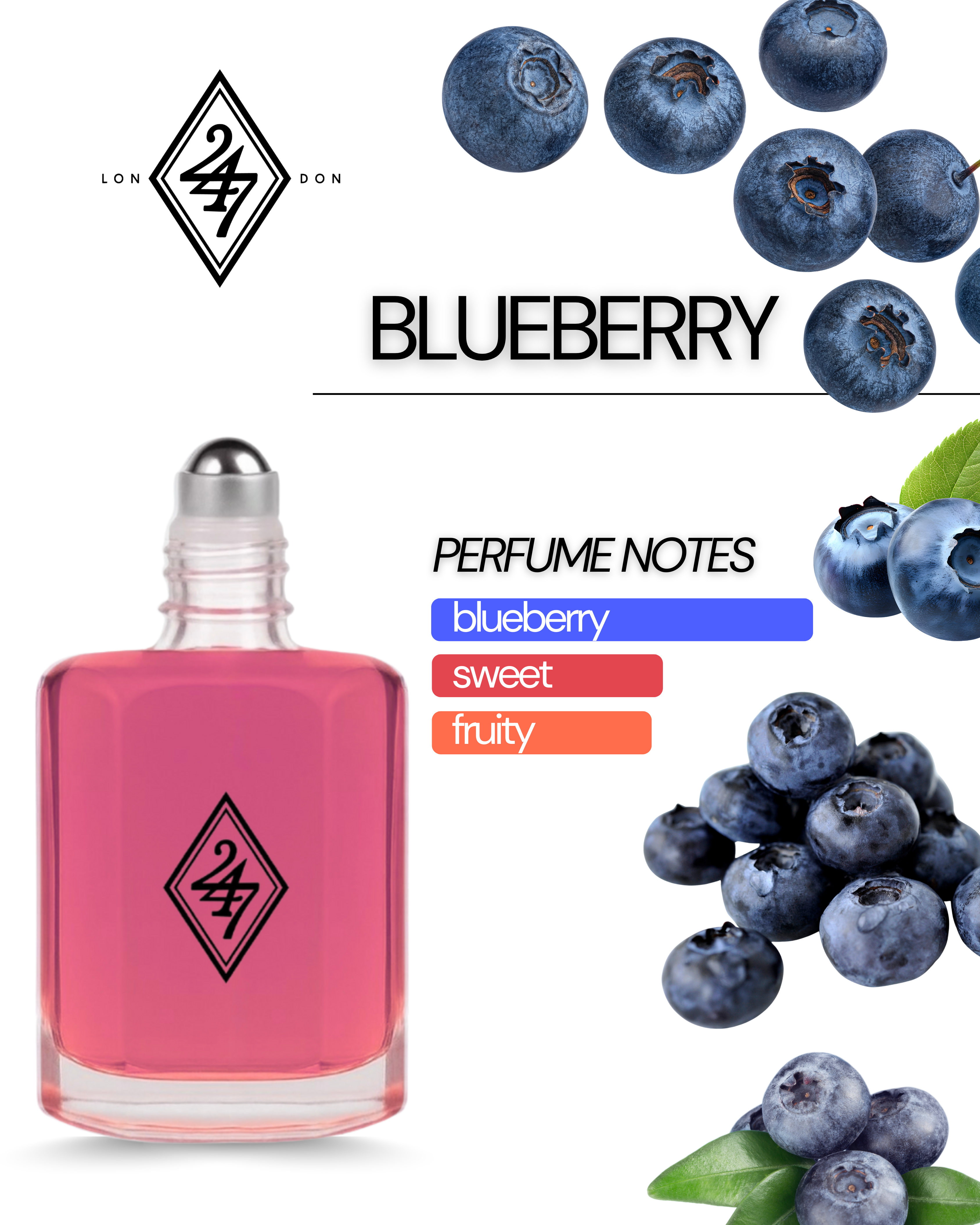 Blueberry Perfume Oil – long-lasting fruity-sweet fragrance with juicy blueberry. Alcohol-free, unisex, available in 3ml, 6ml, 12ml, 24ml.