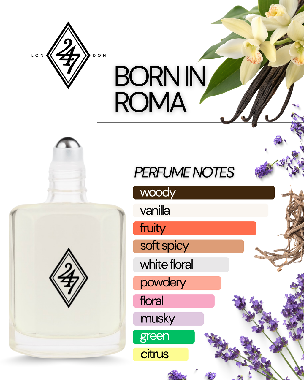 Born in Roma Perfume Oil – Alcohol-free, long-lasting fragrance oil with vanilla, lavender &amp; vetiver. Available in 3ml, 6ml, 12ml &amp; 24ml sizes. Elegant, modern &amp; skin-friendly.