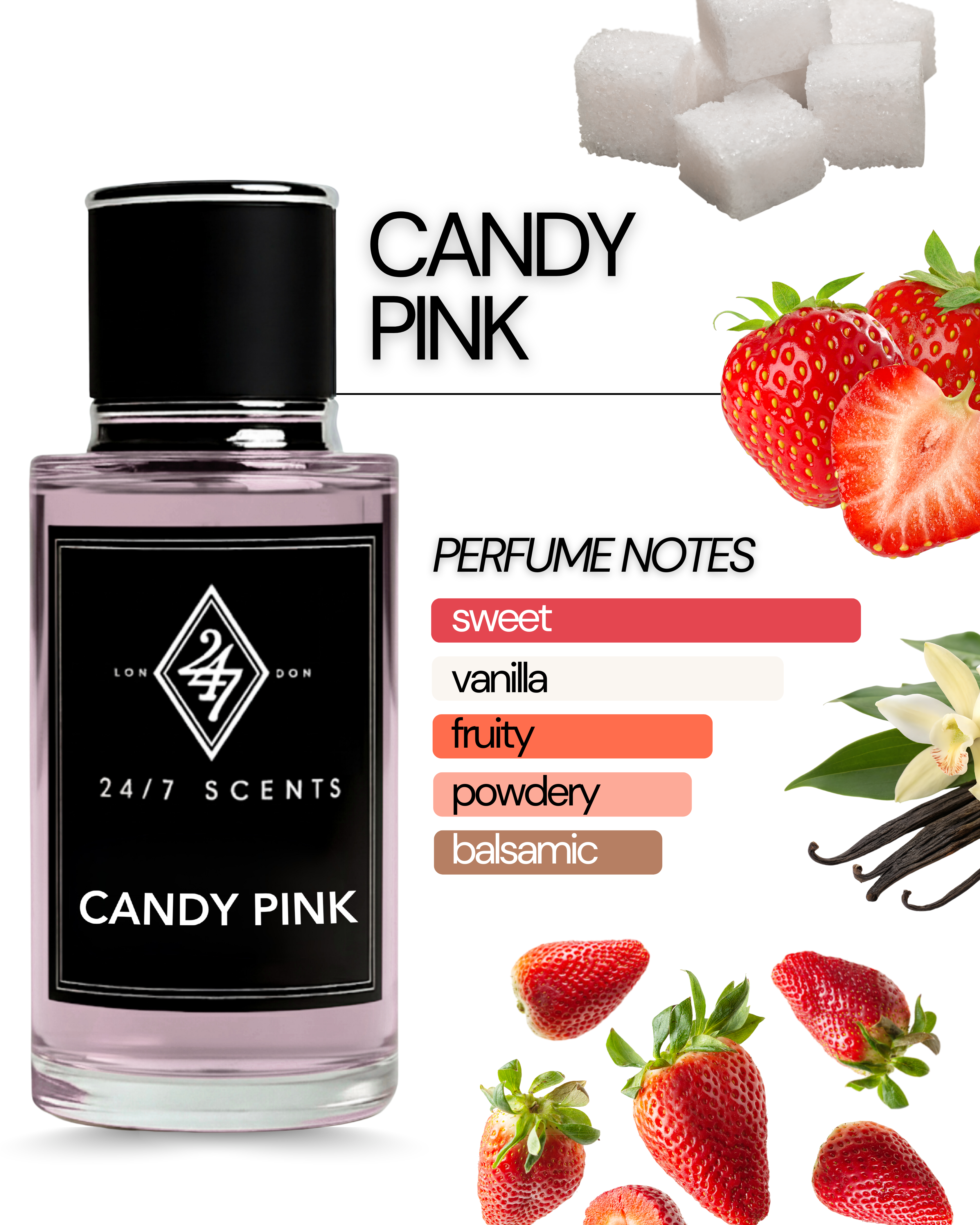 Candy Pink Perfume – a sweet, fruity fragrance with strawberry, vanilla & sugar. Long-lasting, feminine, and irresistibly playful.