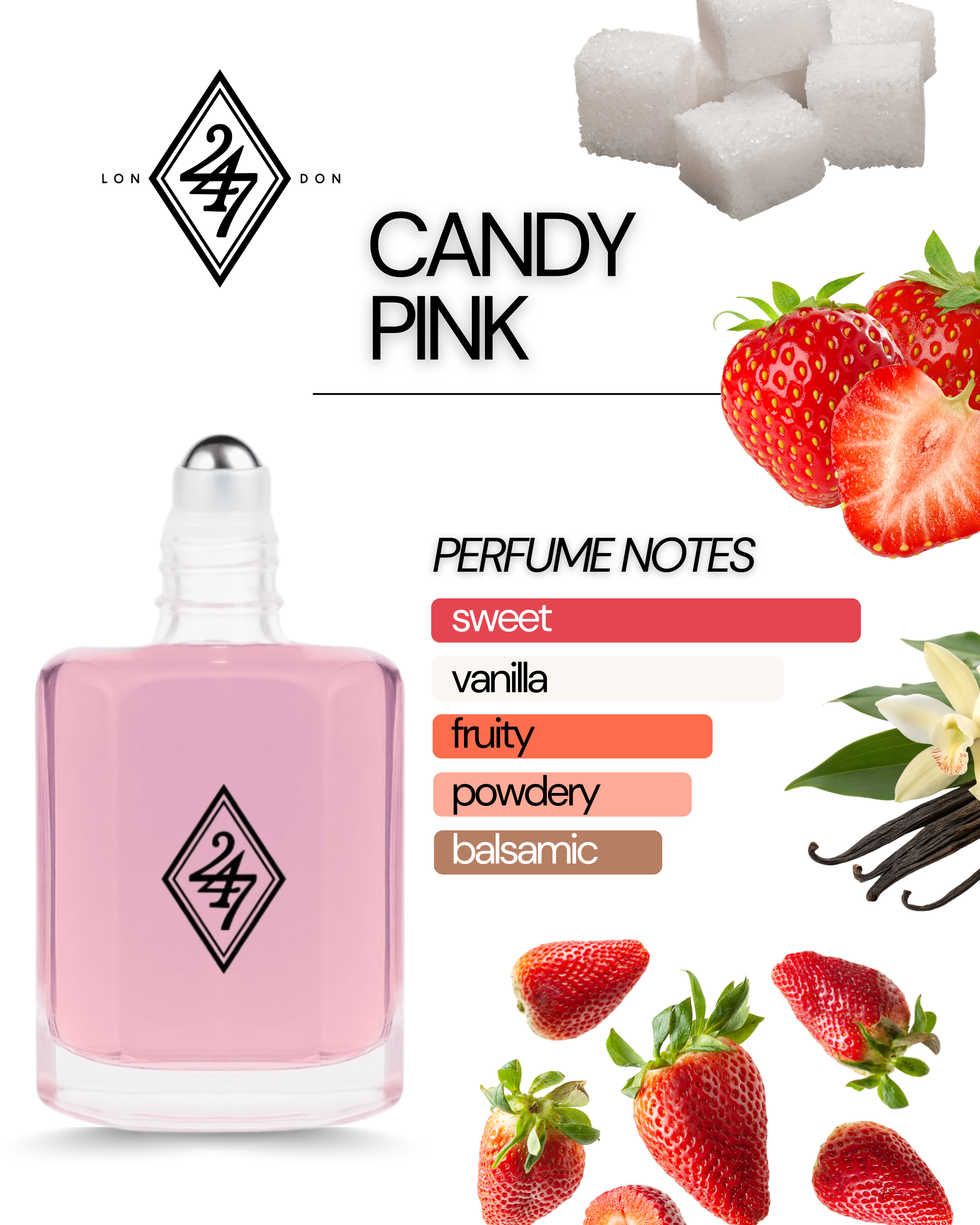 Candy Pink Perfume Oil – a sweet, fruity-gourmand scent with strawberry, vanilla & sugar. Alcohol-free, long-lasting, and skin-friendly.