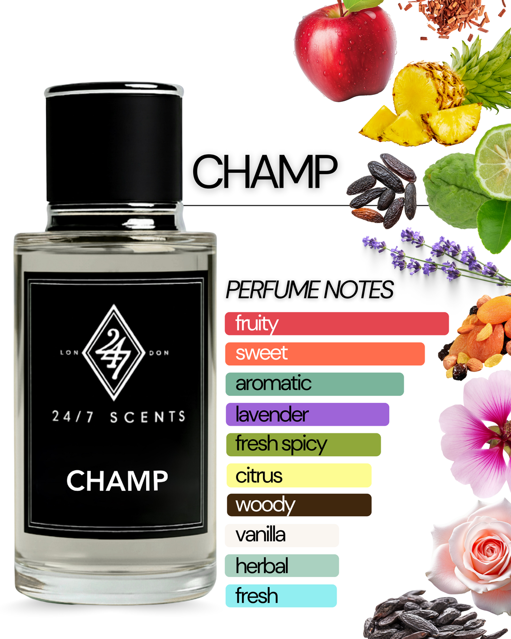 Classic yet modern, Champ Eau de Parfum is a fragrance designed for men who embody strength, charm, and sophistication. It opens with an energetic burst of pineapple, bergamot, lavender, and lemon verbena, creating a crisp and refreshing introduction. 