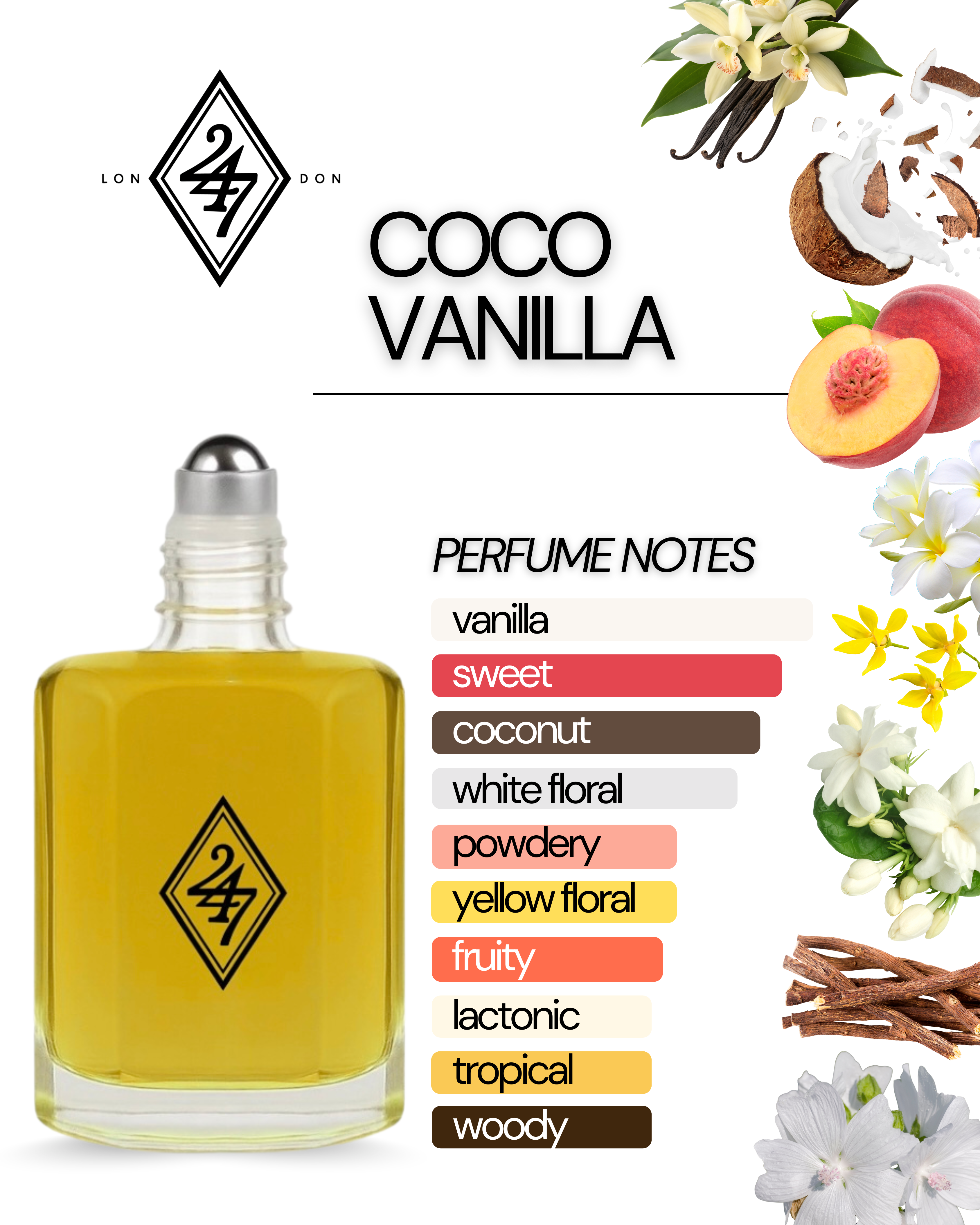 Coco Vanilla Fragrance Oil – Available in 3ml, 6ml, 12ml & 24ml. A tropical blend of coconut, jasmine & vanilla. Sweet, exotic & long-lasting.