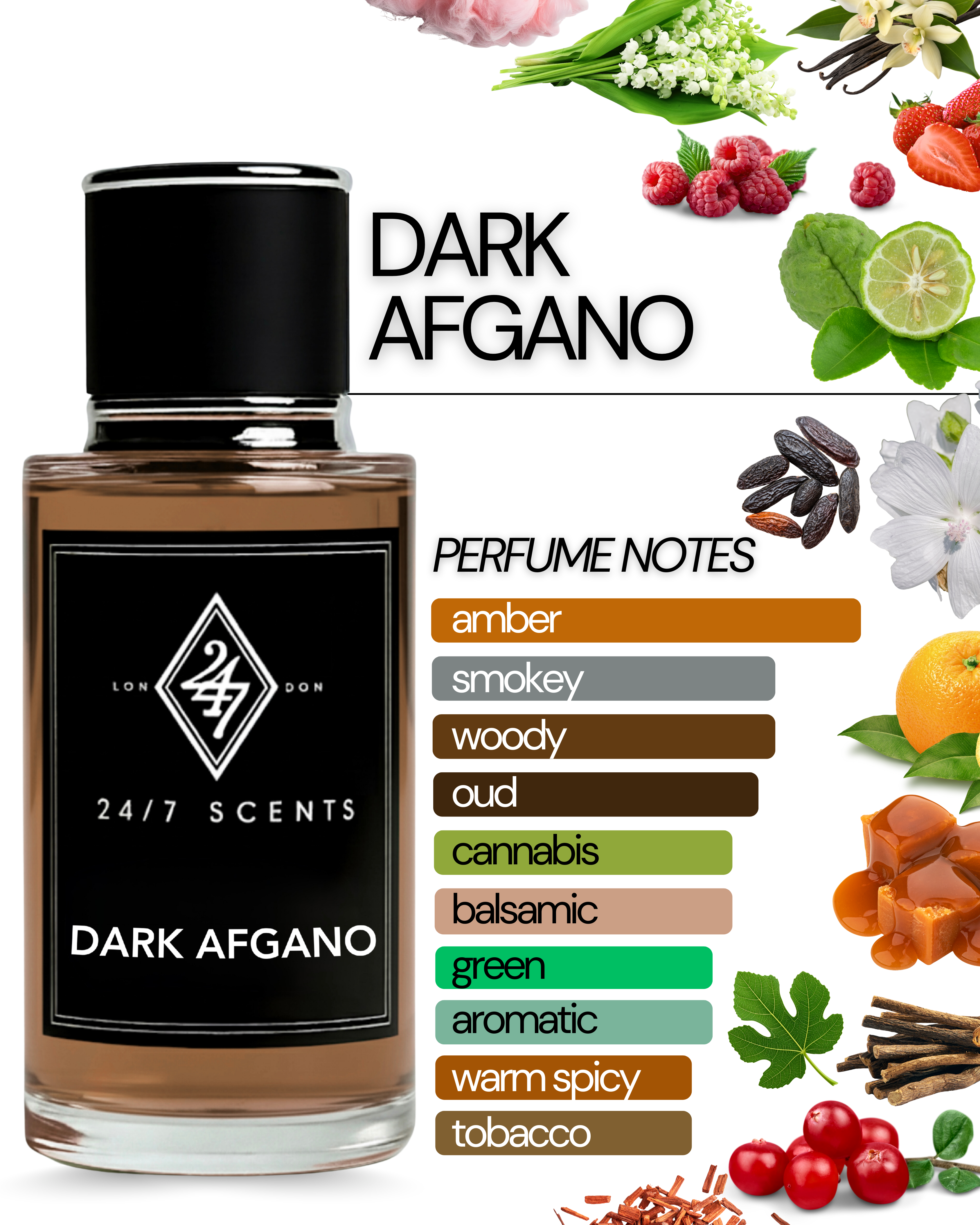 Dark Afgano Perfume – a luxurious, long-lasting scent with orange, raspberry, vanilla & caramel. A bold, sweet, and sensual fragrance for men and women.