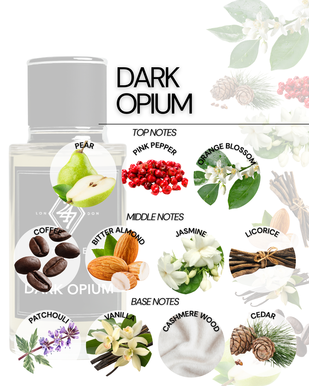 Dark Opium Eau de Parfum (50ml). A bold and sensual fragrance with pear, coffee, jasmine, and vanilla notes. Long-lasting and luxurious.