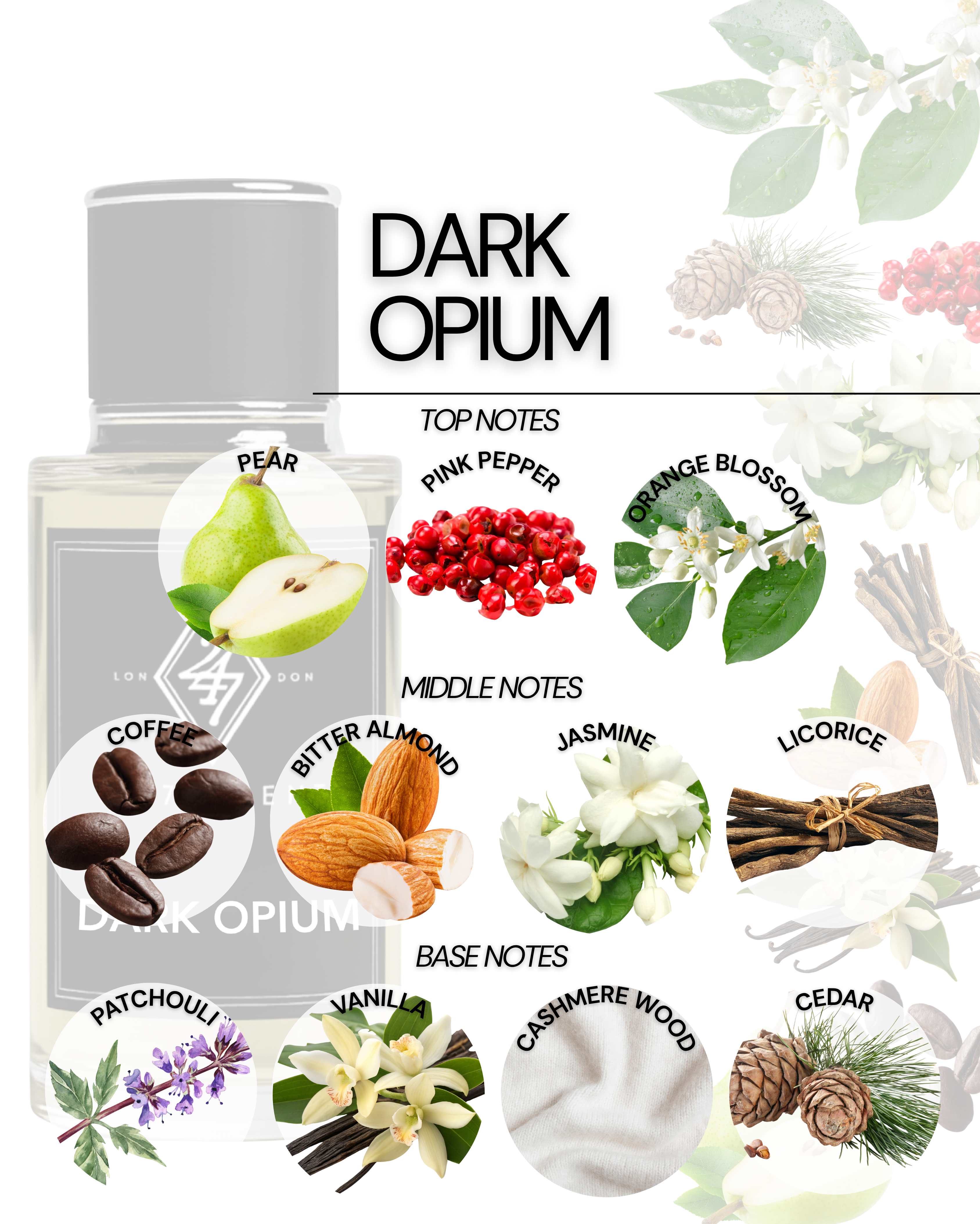 Dark Opium Eau de Parfum (50ml). A bold and sensual fragrance with pear, coffee, jasmine, and vanilla notes. Long-lasting and luxurious.