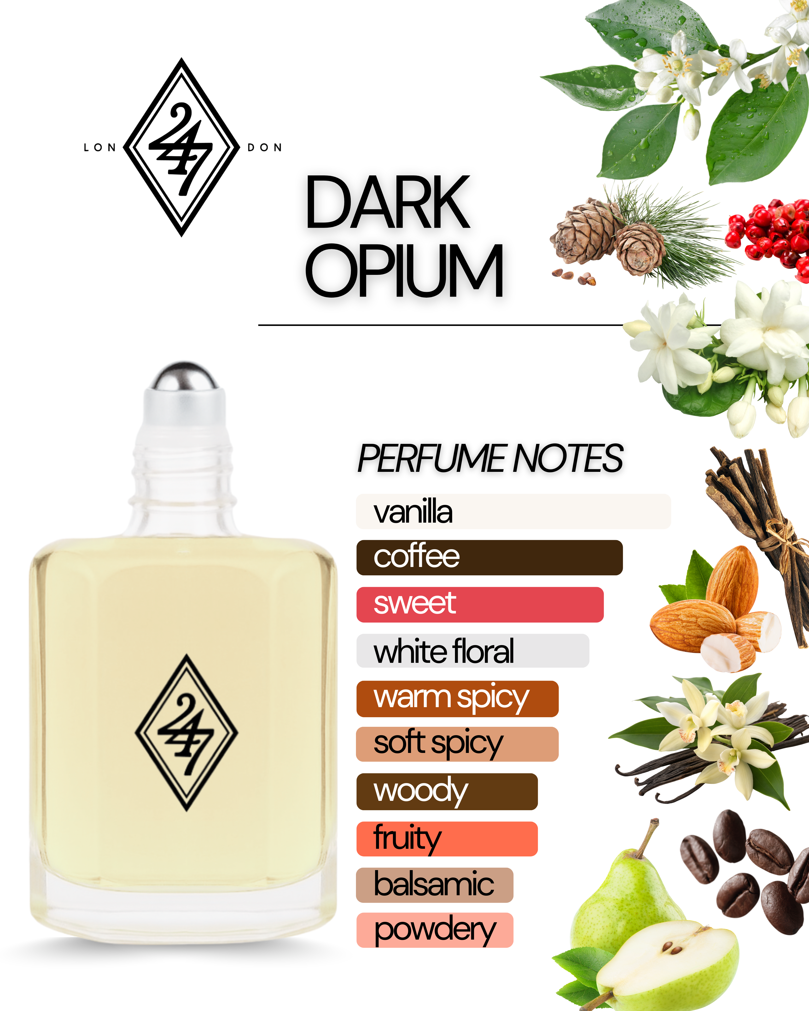 Dark Opium Fragrance Oil – Available in 3ml, 6ml, 12ml & 24ml. A bold blend of coffee, jasmine, vanilla & woods. Seductive, elegant & long-lasting.
