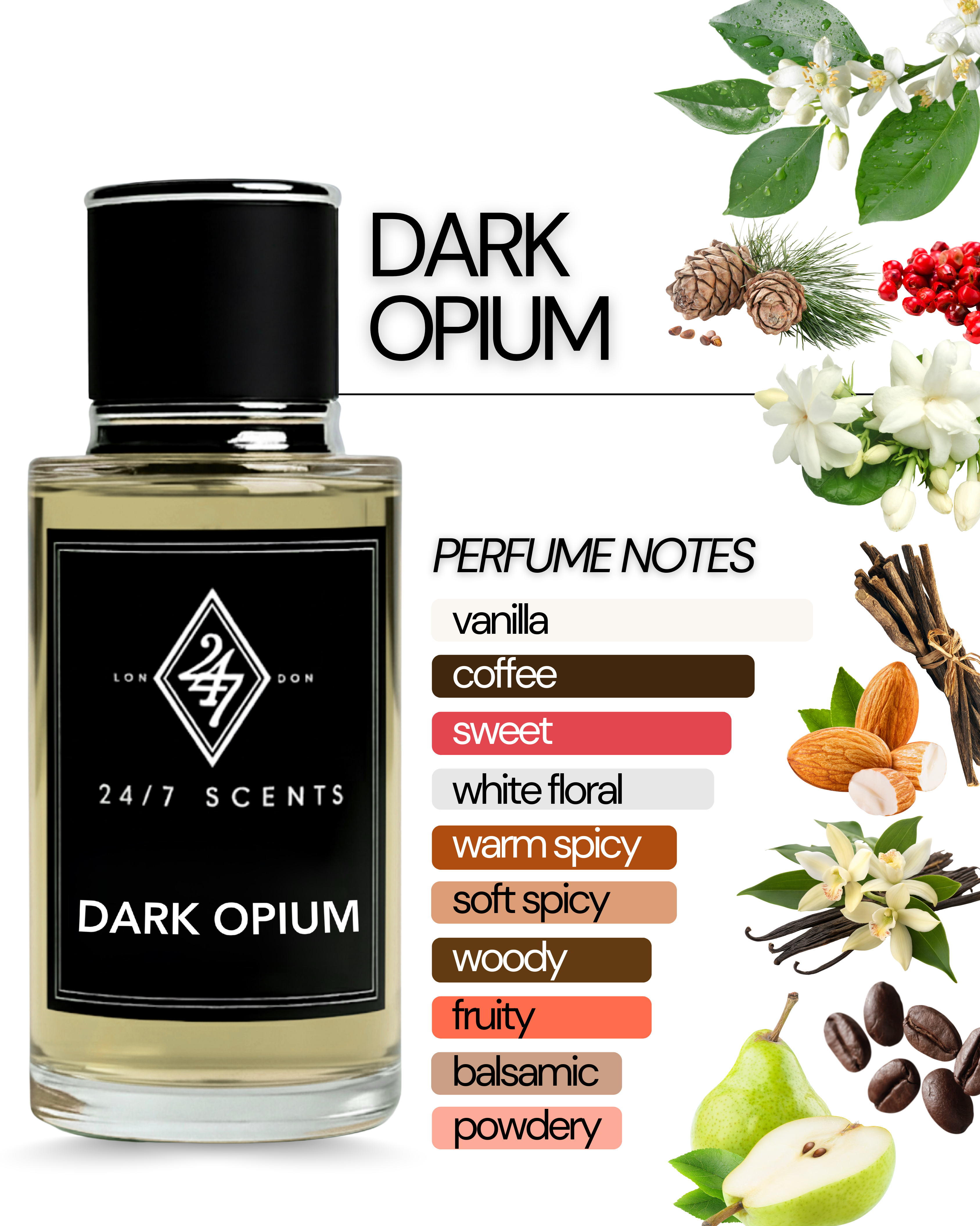 Dark Opium Eau de Parfum (50ml). A bold and sensual fragrance with pear, coffee, jasmine, and vanilla notes. Long-lasting and luxurious.