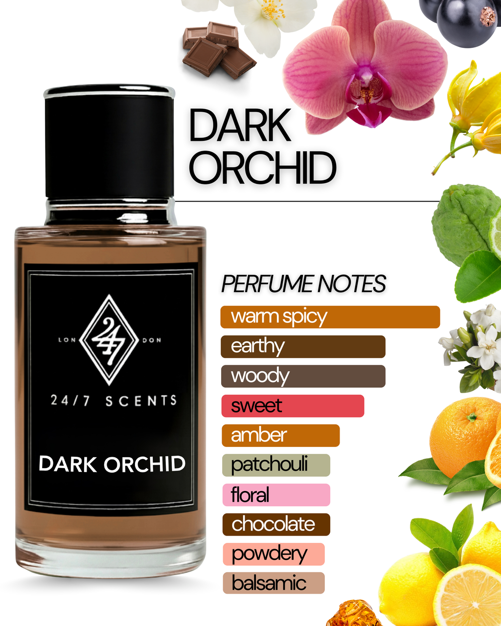 Dark Orchid 50ml Perfume Spray – a luxurious fragrance with blackcurrant, jasmine, orchid, vanilla & sandalwood. Long-lasting, unisex & sophisticated.
