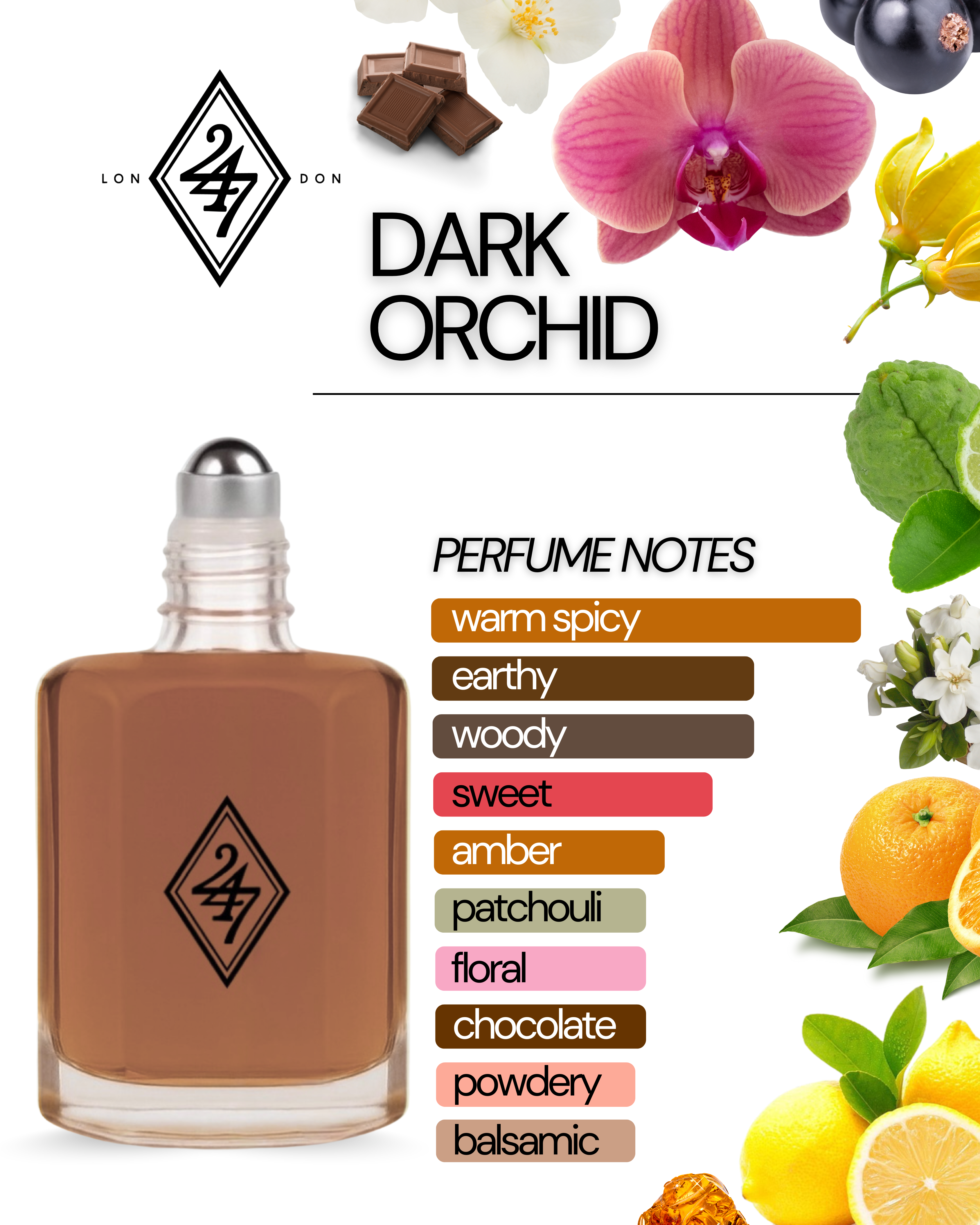 Dark Orchid Perfume Oil – a long-lasting exotic fragrance with blackcurrant, jasmine, orchid, vanilla & sandalwood. Alcohol-free, unisex & luxurious.