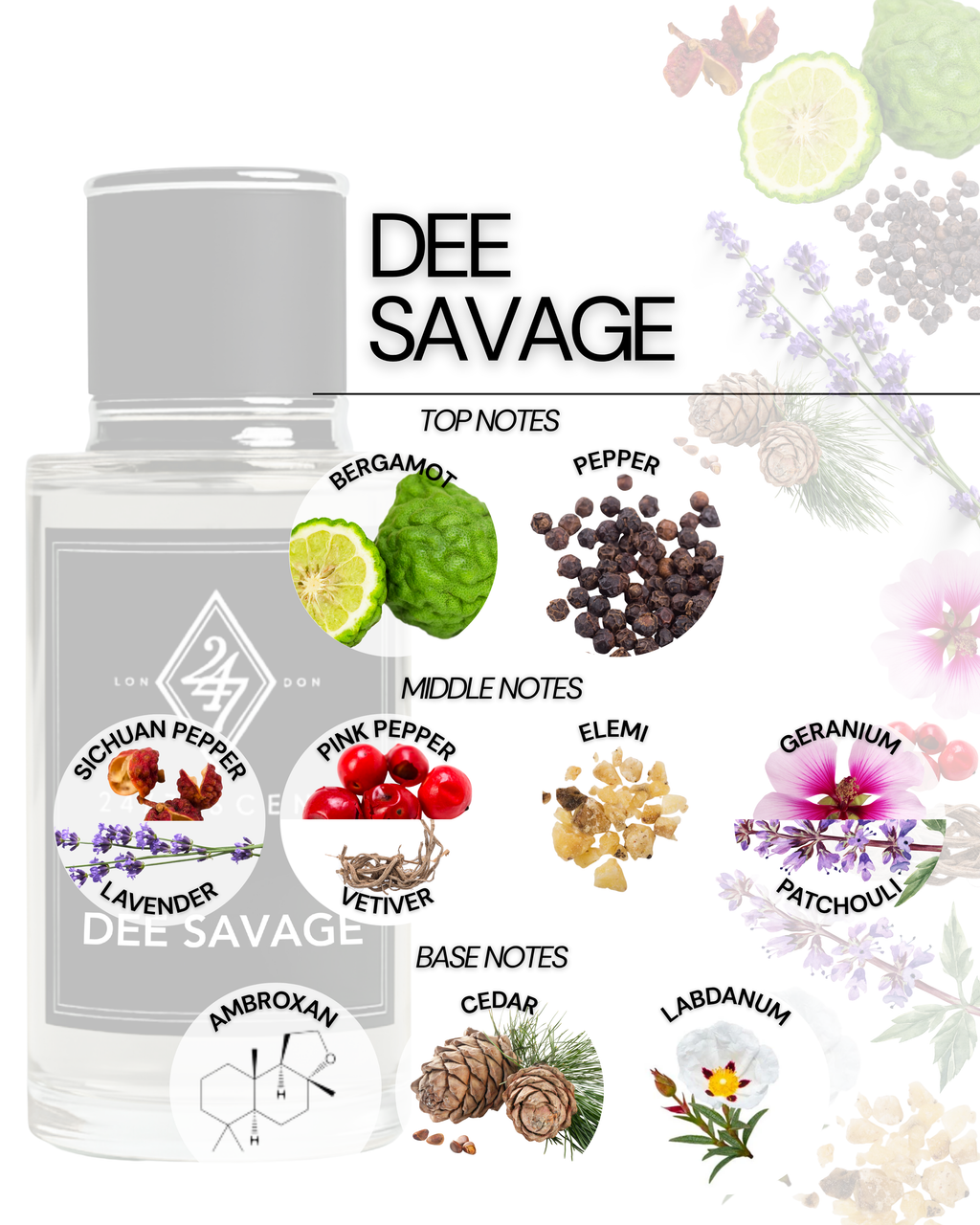 Dee Savage Eau de Parfum 50ml – A bold men’s fragrance with bergamot & pepper top notes, a spicy-aromatic heart of Sichuan pepper, lavender & patchouli, and a woody base of ambroxan, cedar & labdanum. Strong, modern & long-lasting.