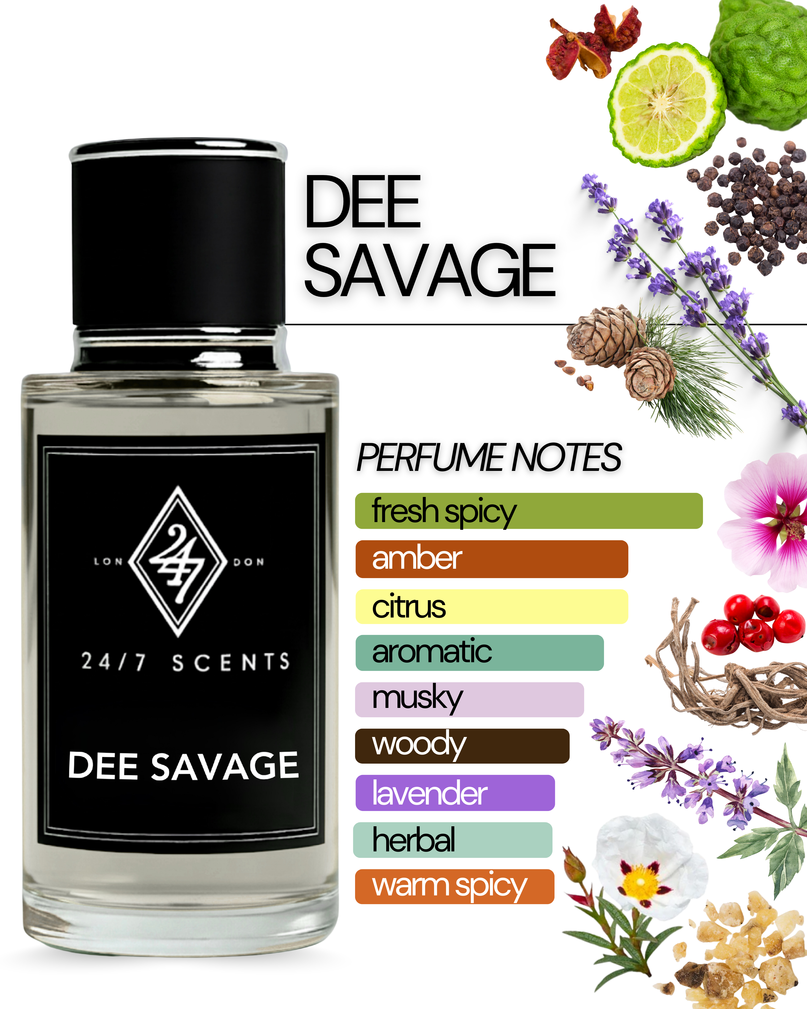 Dee Savage Eau de Parfum 50ml – A bold men’s fragrance with bergamot & pepper top notes, a spicy-aromatic heart of Sichuan pepper, lavender & patchouli, and a woody base of ambroxan, cedar & labdanum. Strong, modern & long-lasting.