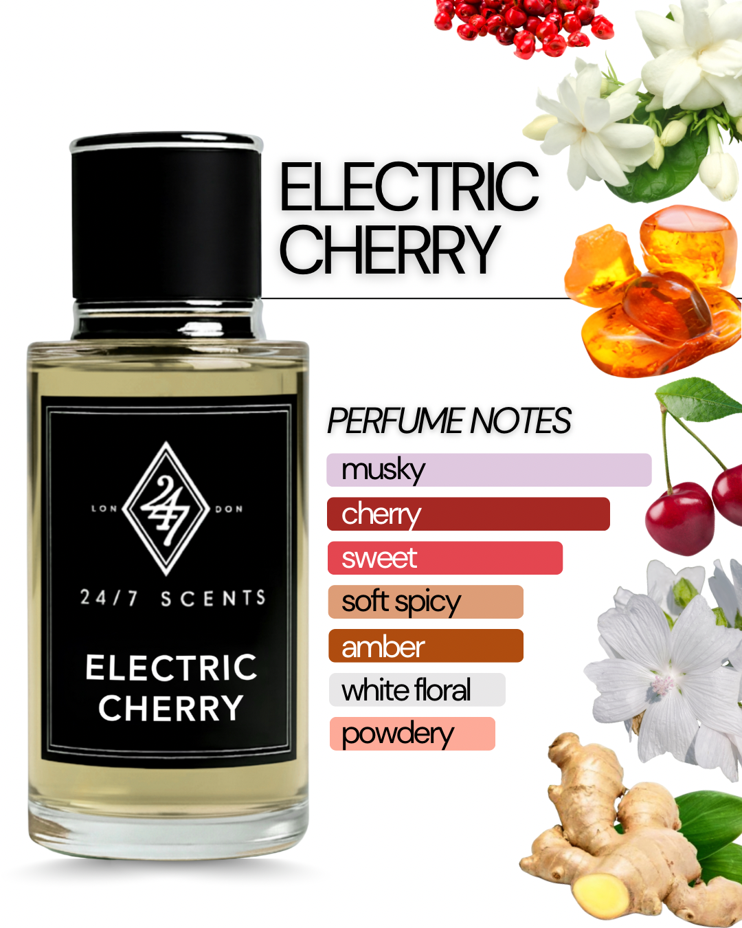 Electric Cherry Eau de Parfum 50ml – A vibrant unisex fragrance with cherry & ginger, floral jasmine sambac, and a sensual base of pink pepper, musk & ambrettolide. Bold, playful & long-lasting.