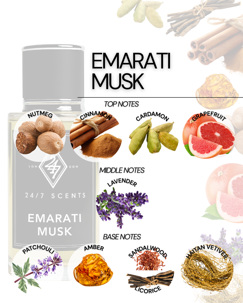 Emarati Musk Eau de Parfum (50ml). A powerful fragrance with cinnamon, grapefruit, lavender, and amber on a woody base. Bold, refined, and long-lasting.