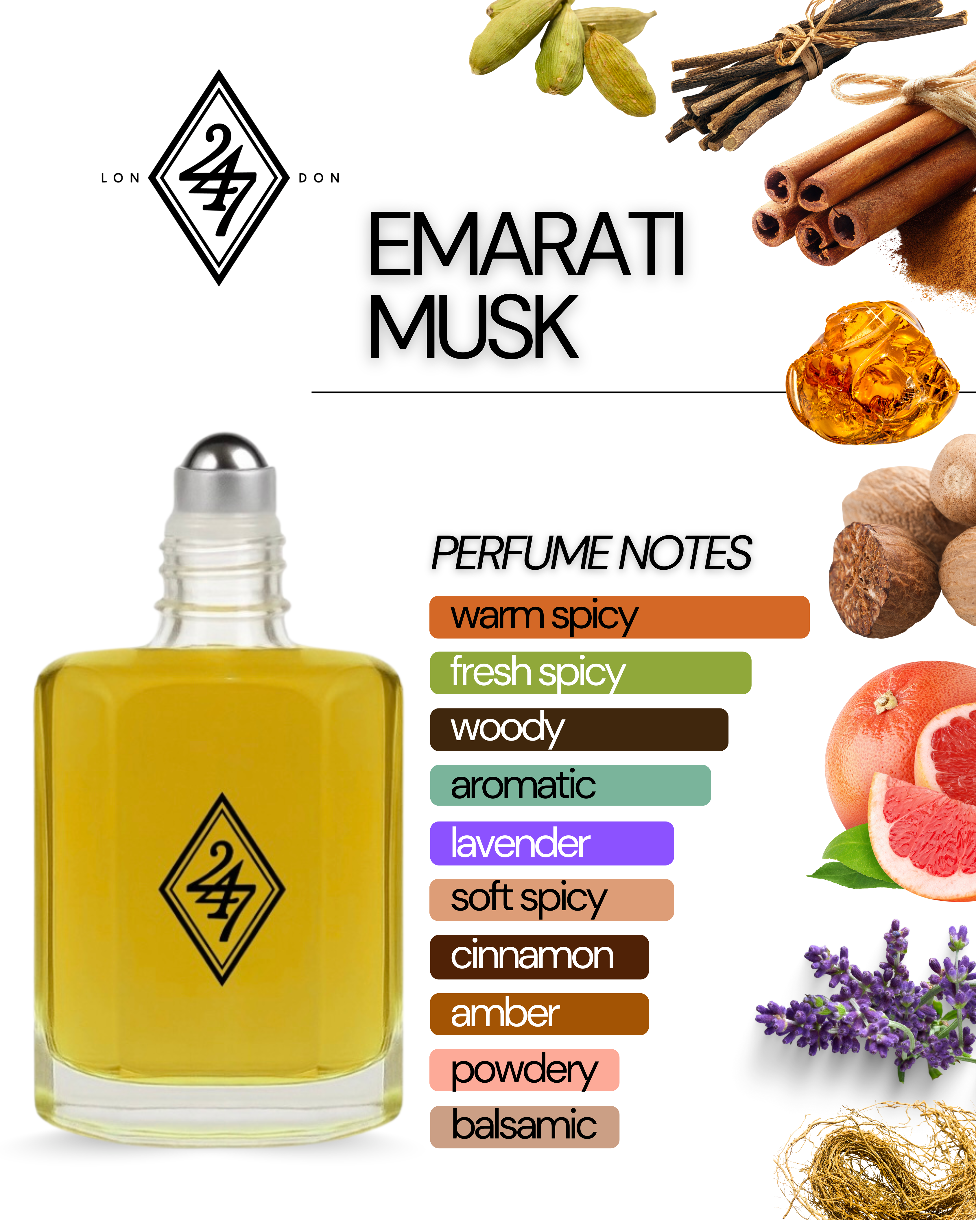 Emarati Musk Fragrance Oil – Available in 3ml, 6ml, 12ml & 24ml. A bold blend of spice, citrus & woods with musk depth. Elegant, powerful & long-lasting.