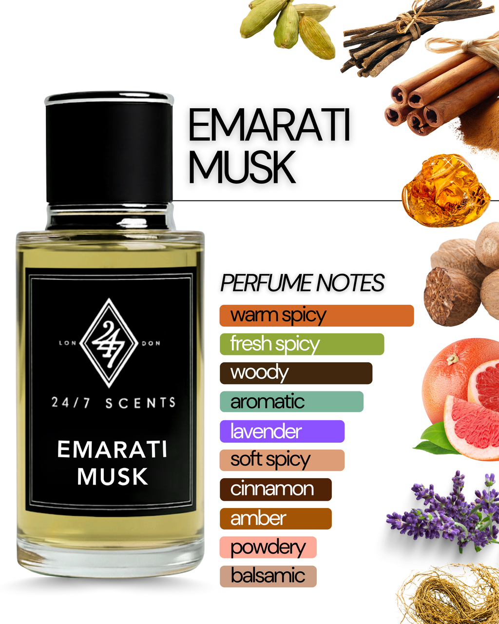 Emarati Musk Eau de Parfum (50ml). A powerful fragrance with cinnamon, grapefruit, lavender, and amber on a woody base. Bold, refined, and long-lasting.
